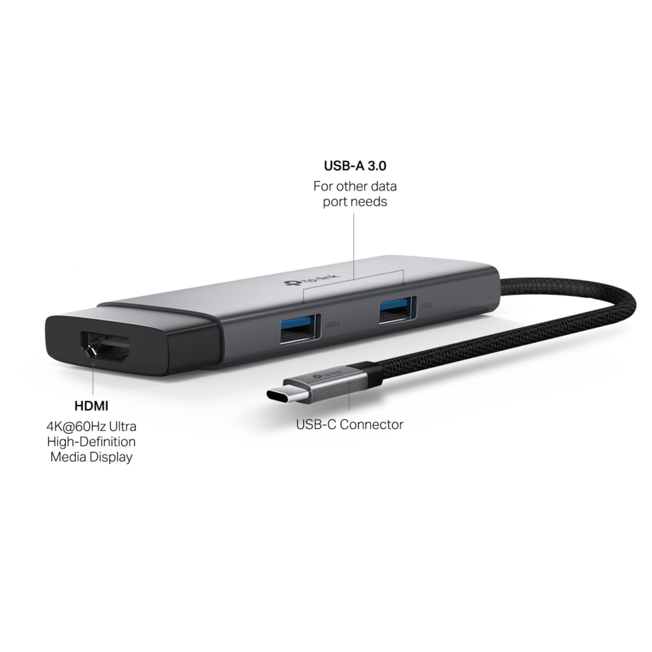 Grauer USB-C-Hub mit HDMI, USB-A 3.0 und USB-C-Anschluss.