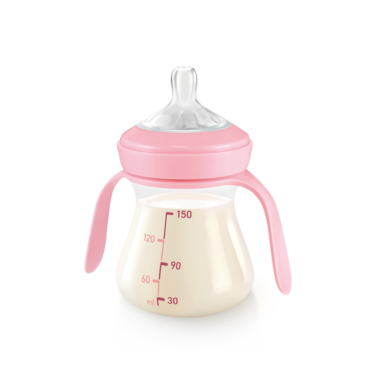 Eine rosa Babyflasche mit Griffen, gefüllt mit weißer Flüssigkeit und ml-Markierungen.