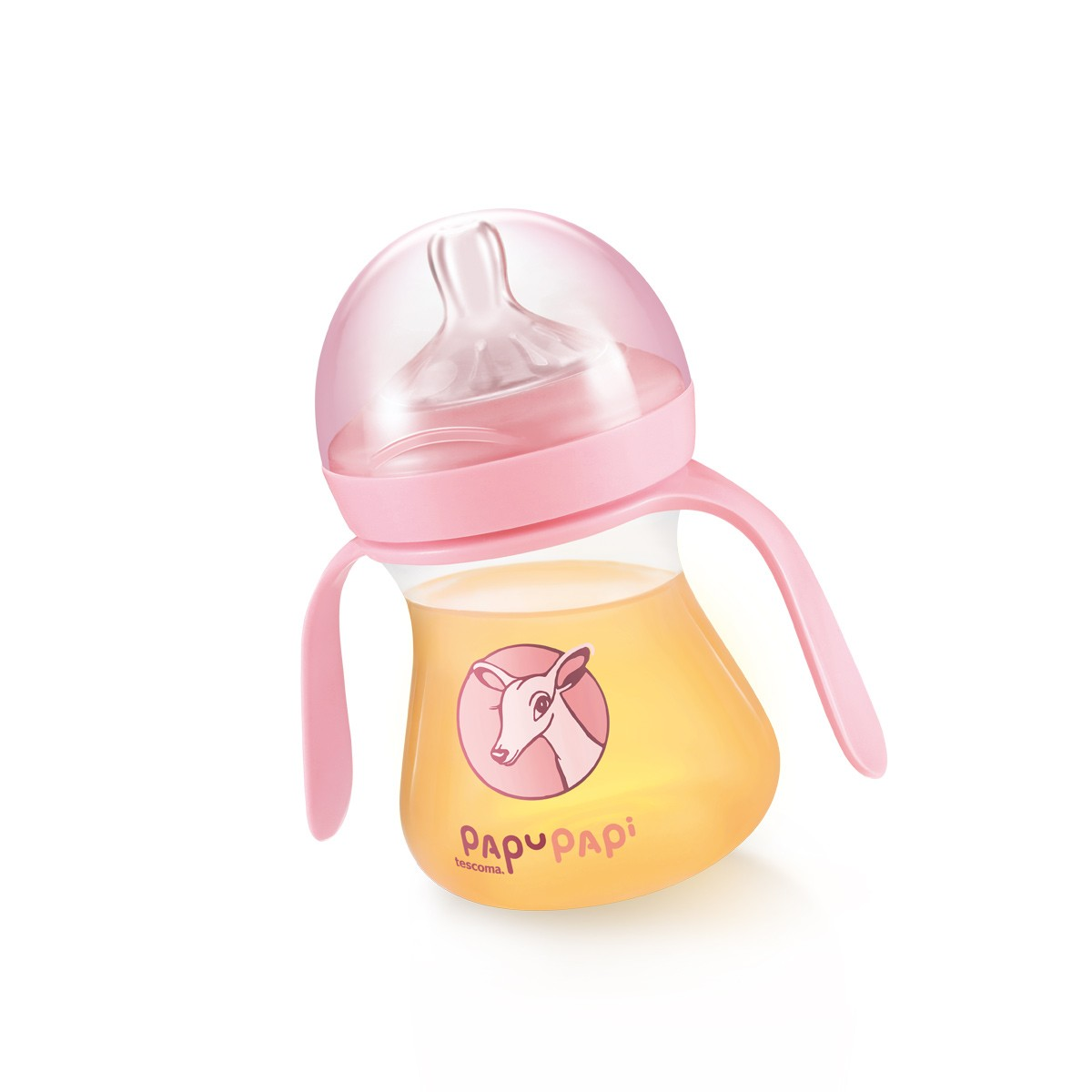 Eine rosa Babyflasche mit Griffen, gefüllt mit gelber Flüssigkeit und einem Reh-Logo.