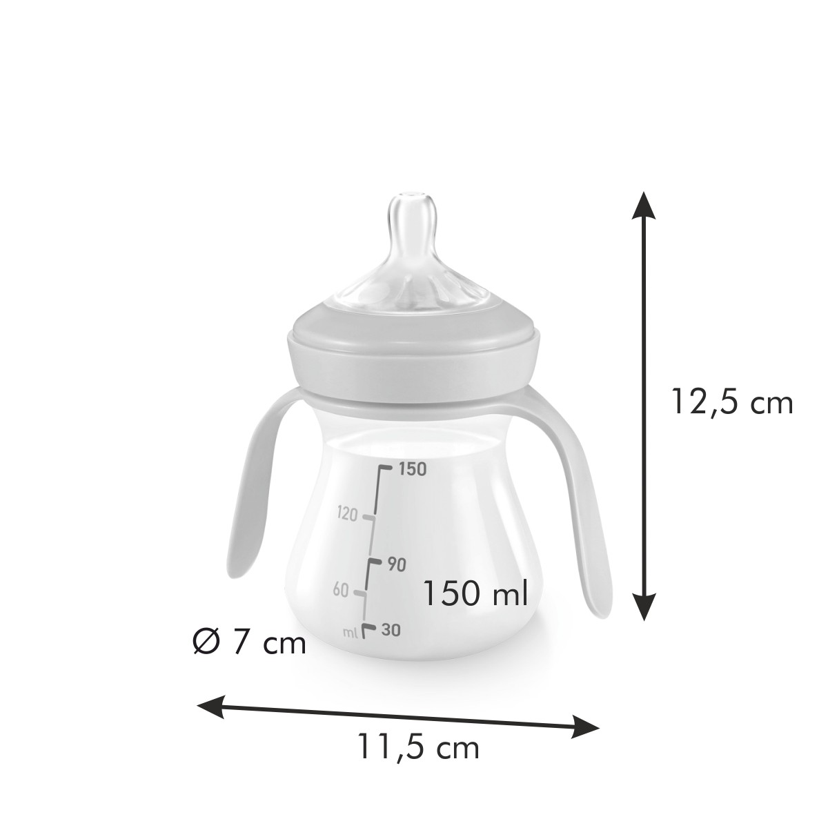 Weiße Babyflasche mit Griffen, Messskala, 150 ml Inhalt.