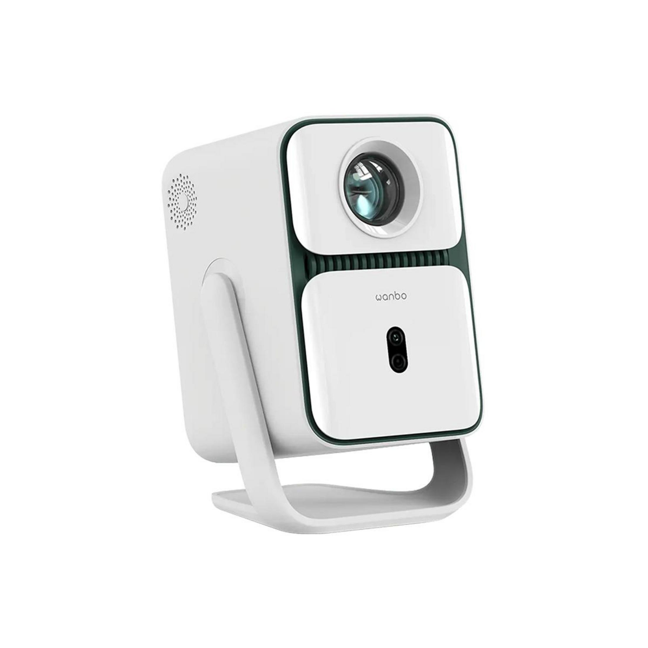 Biały projektor z ciemnymi akcentami na stojaku.