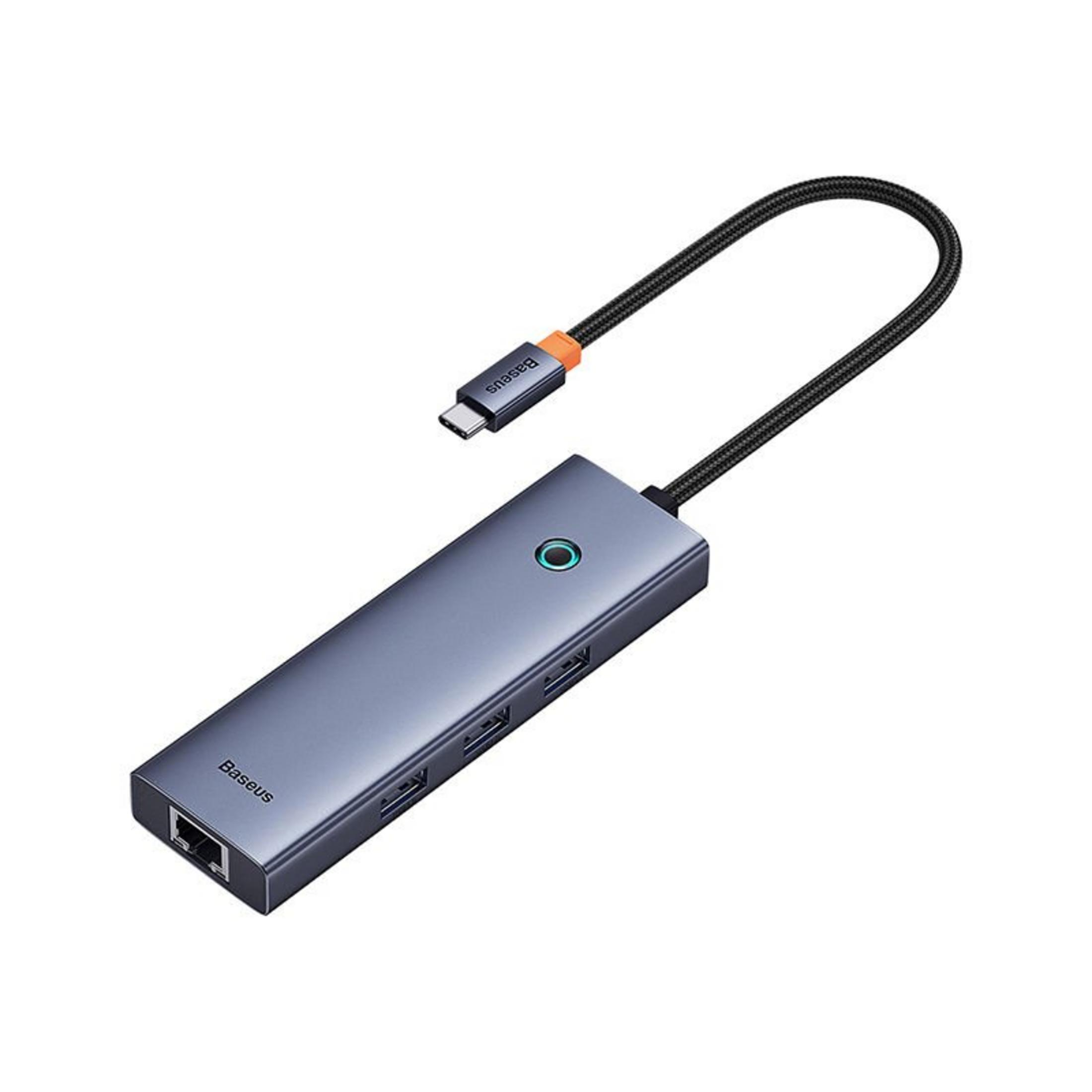 Un hub USB-C Baseus grigio con cavo e connettore arancione.