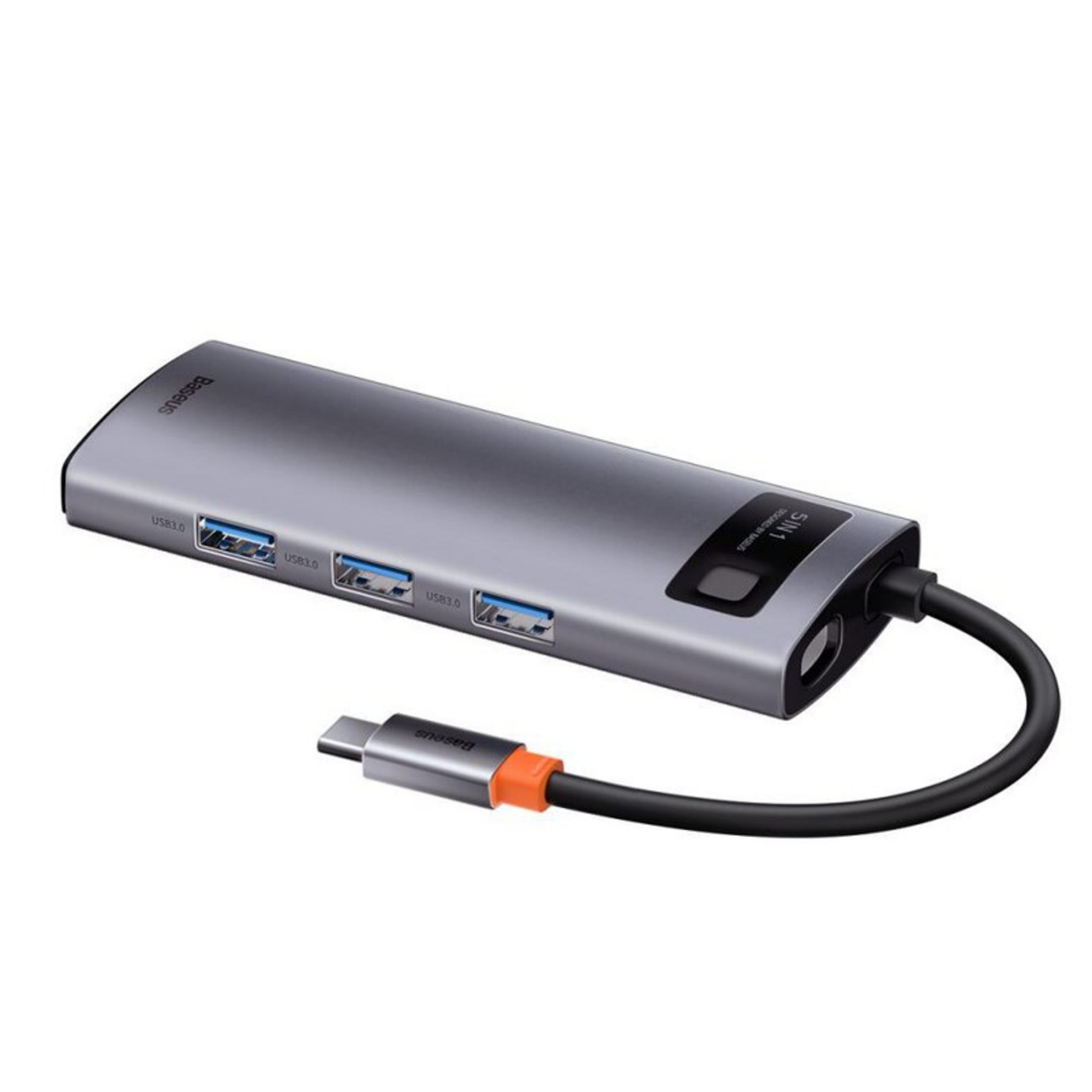Grauer USB-C-Hub mit mehreren Anschlüssen, darunter USB 3.0 und ein Ladekabel.