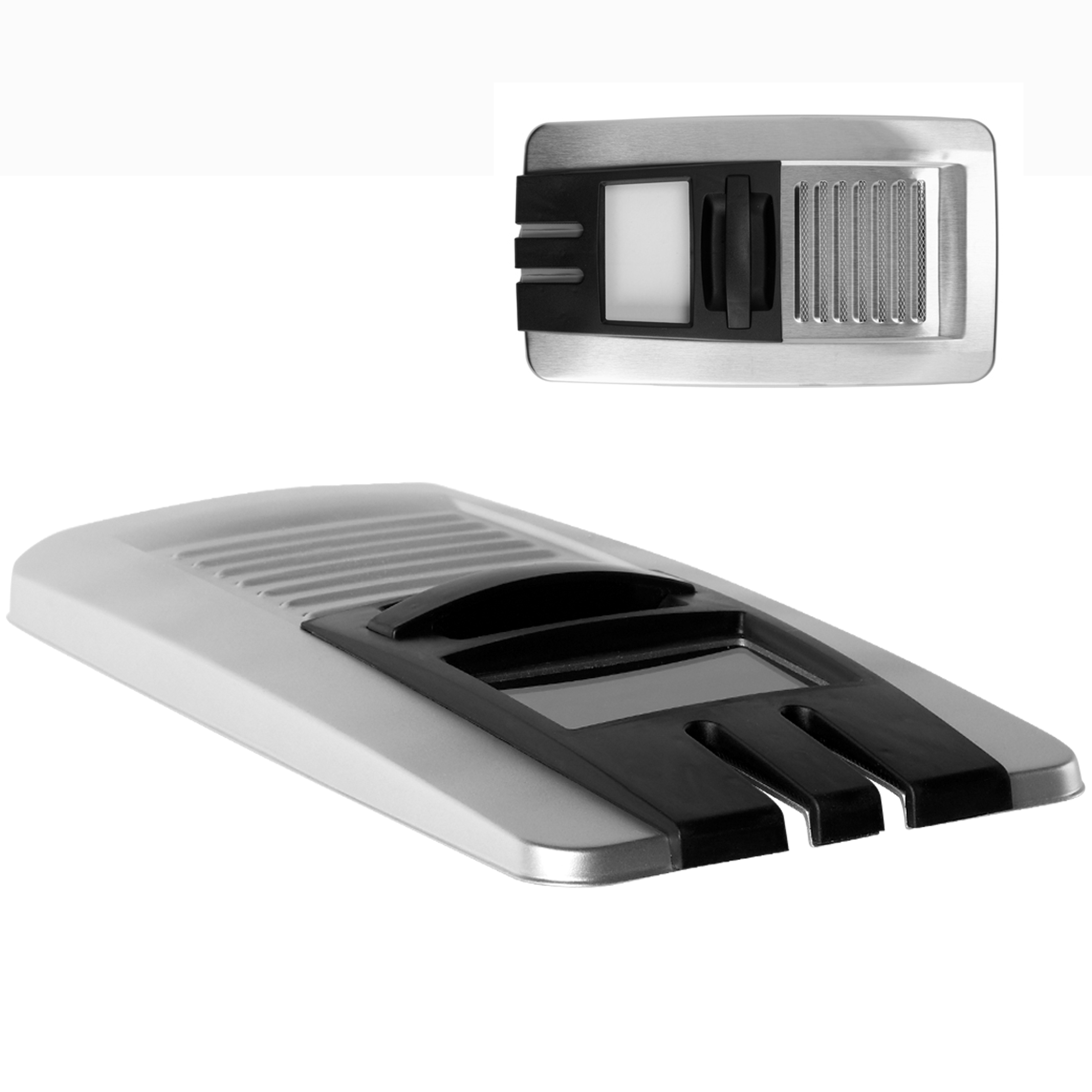 Silver and black tool with grooves and a handle.