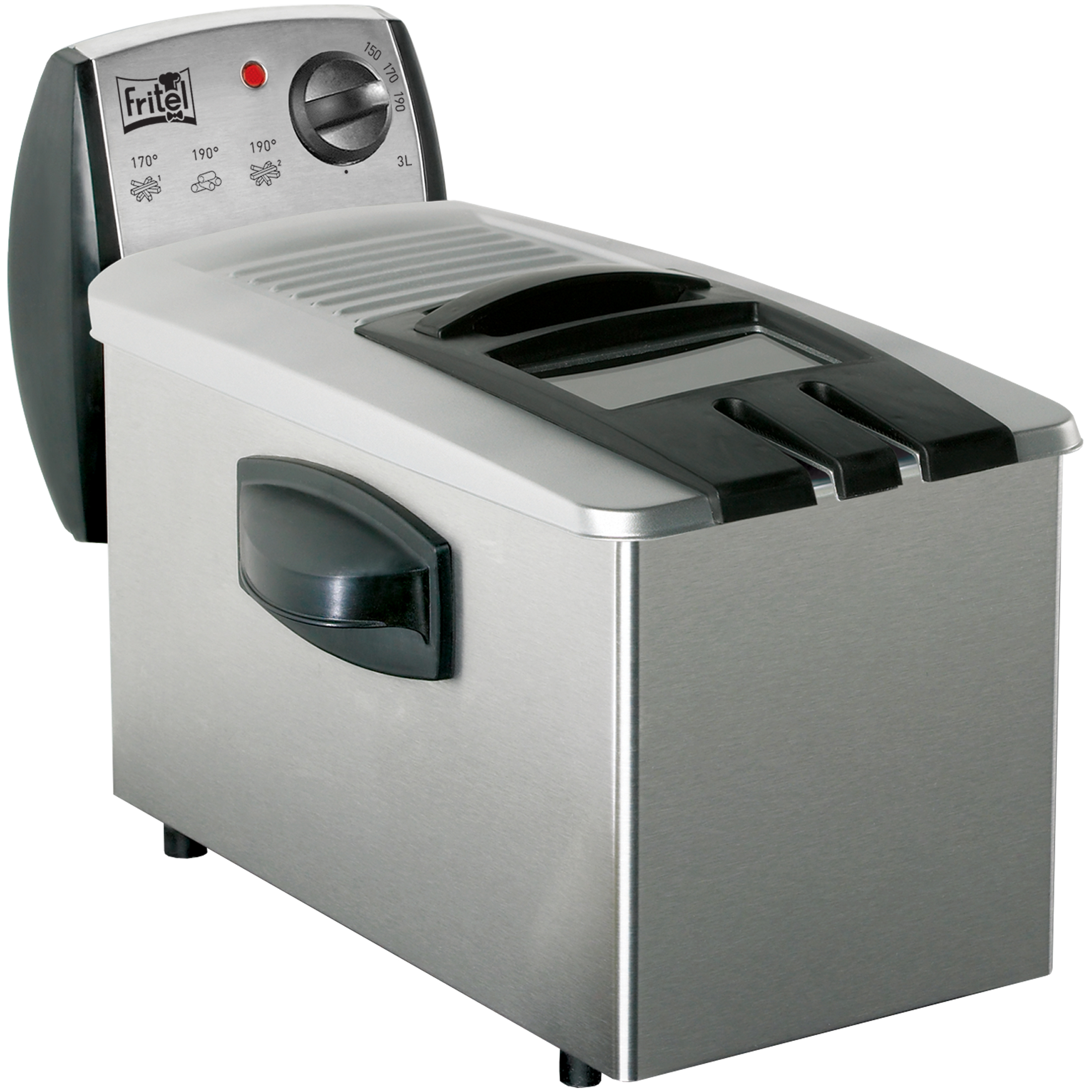 Stainless steel deep fryer with black handle and control panel. White lid.