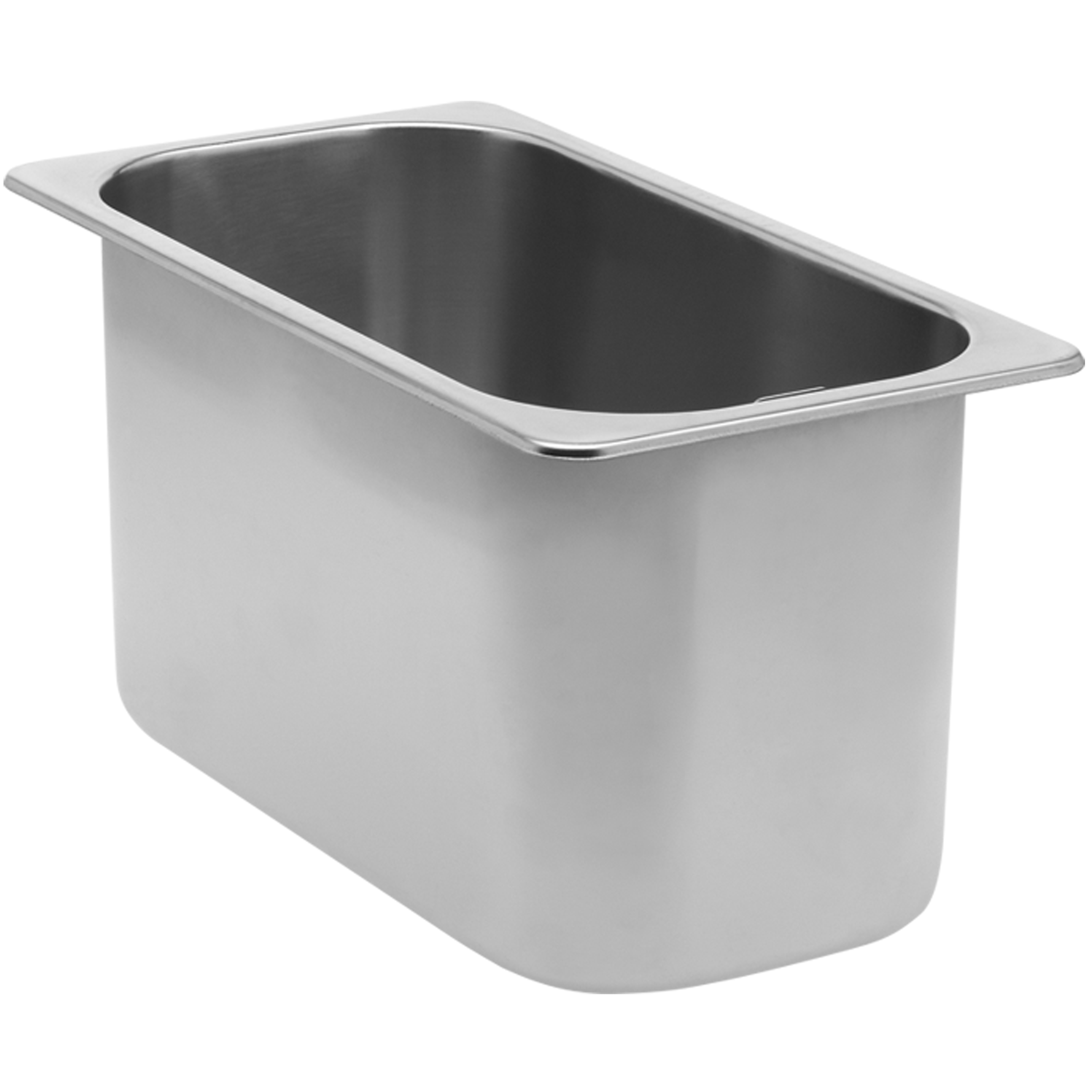 An empty, rectangular stainless steel container sits on a white background.