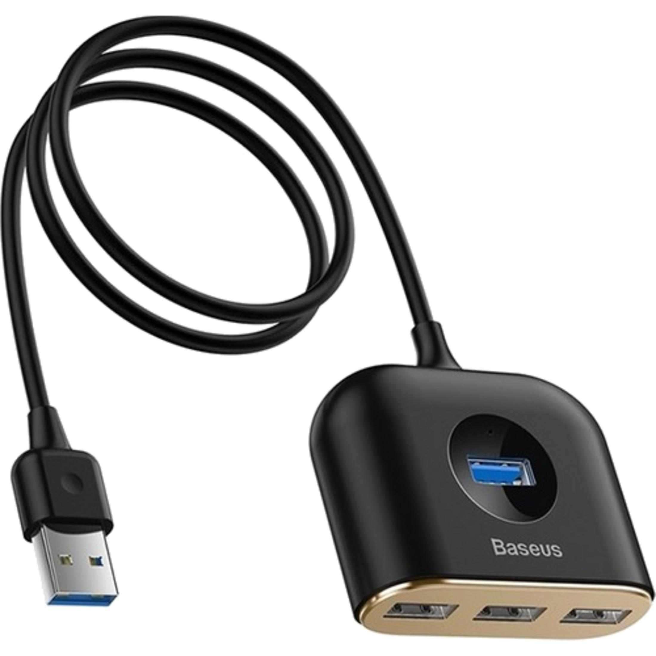 Czarny hub USB-C z niebieskim portem USB 3.0 i trzema portami USB-A.