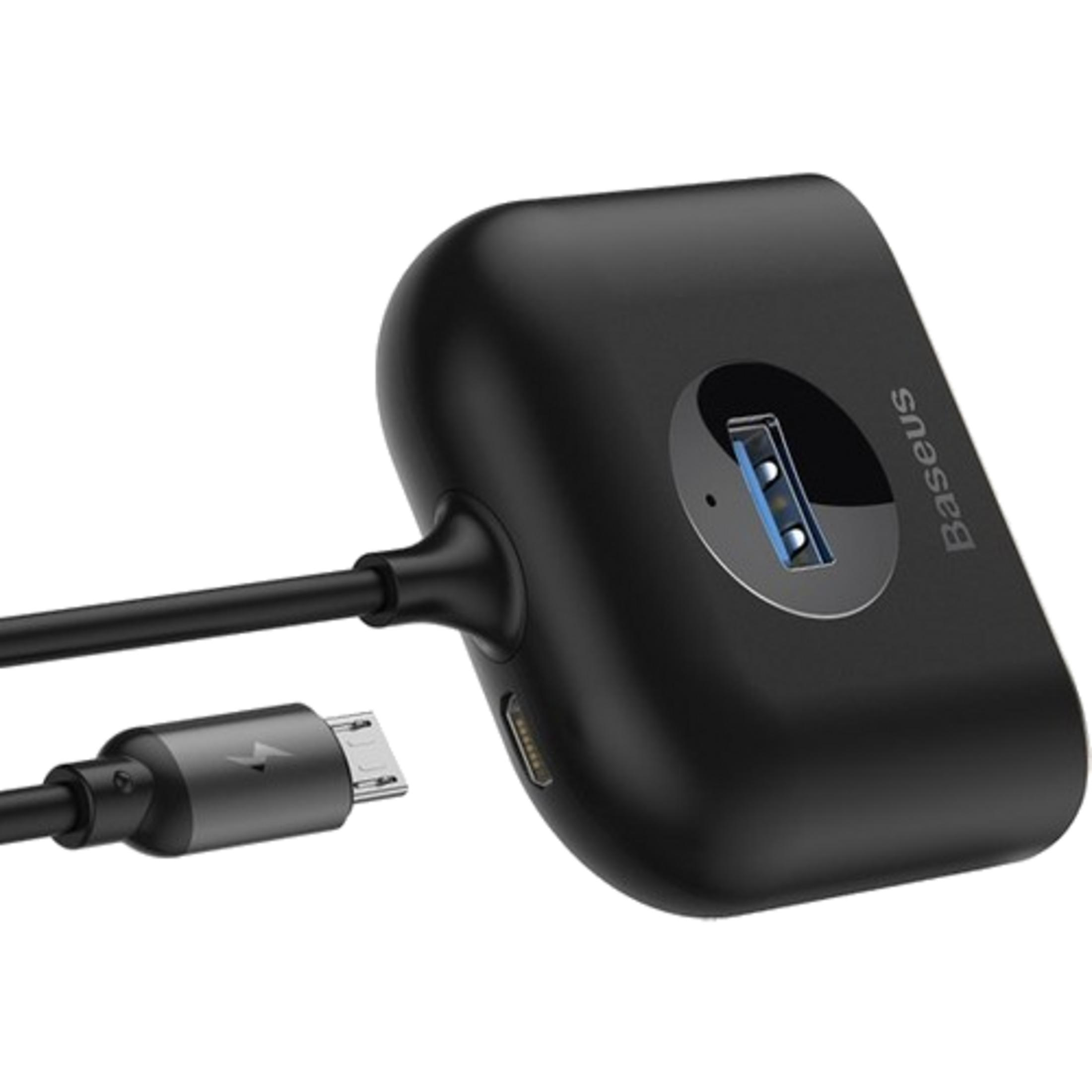 Czarny koncentrator USB Baseus z portem USB-A i kablem micro-USB.