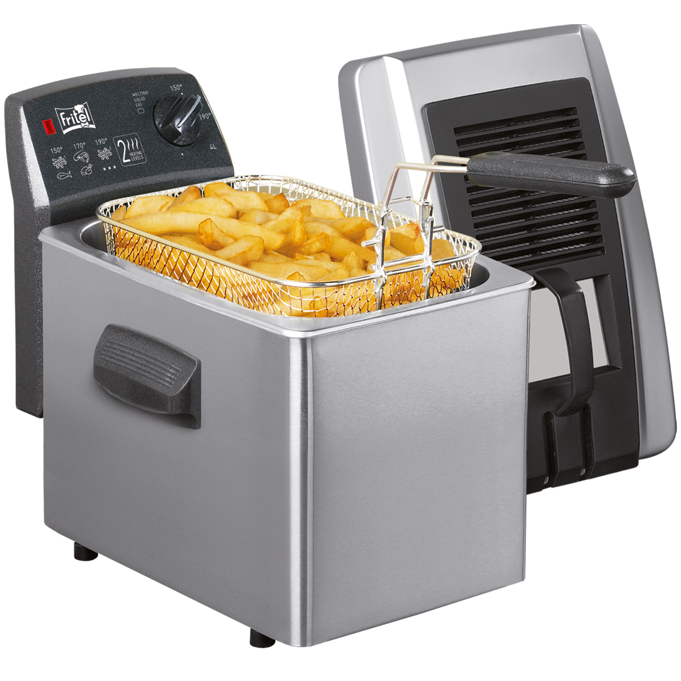RVS frituurpan met een mand vol goudbruine frietjes.