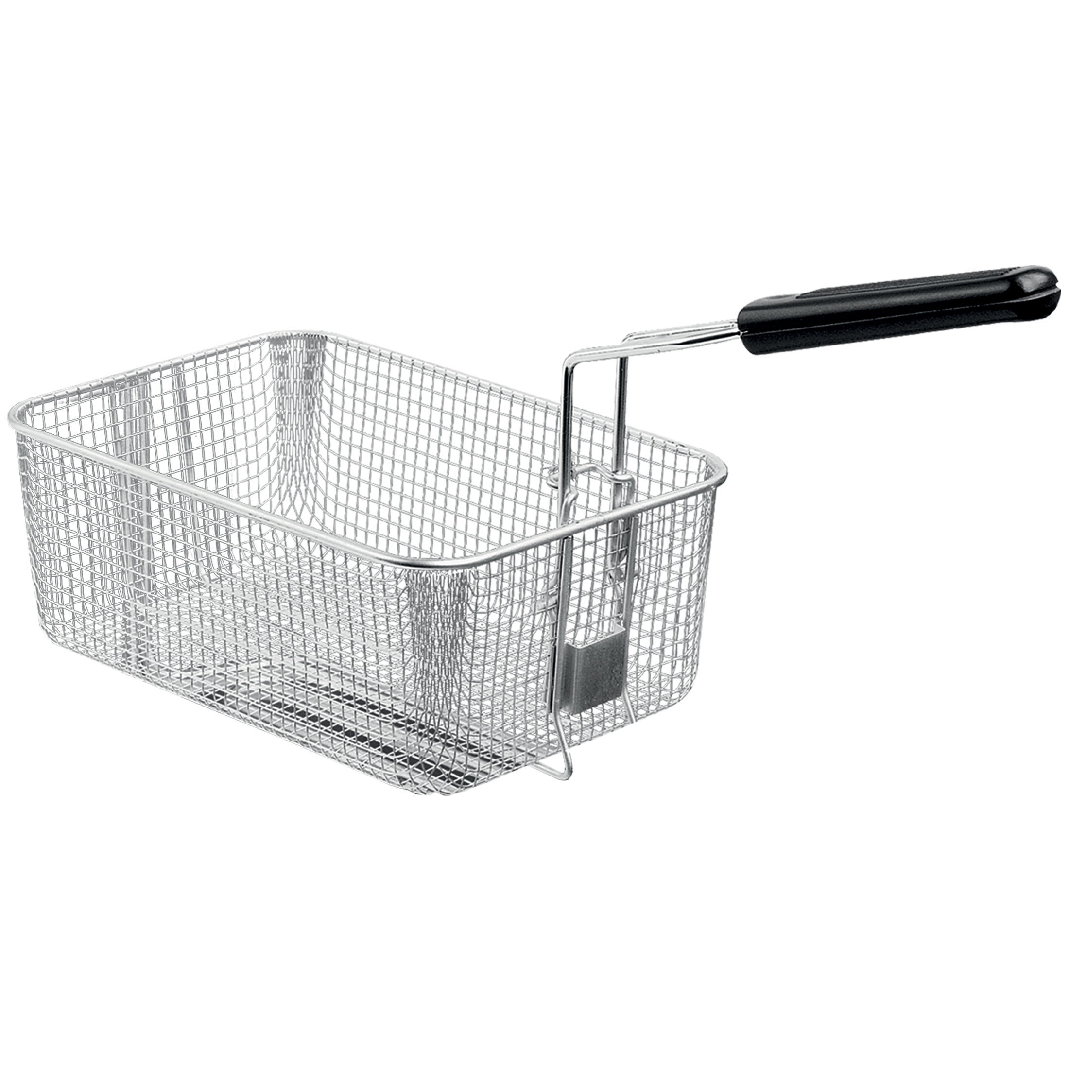 Een zilveren frituurmand van metaalgaas met een zwart handvat.