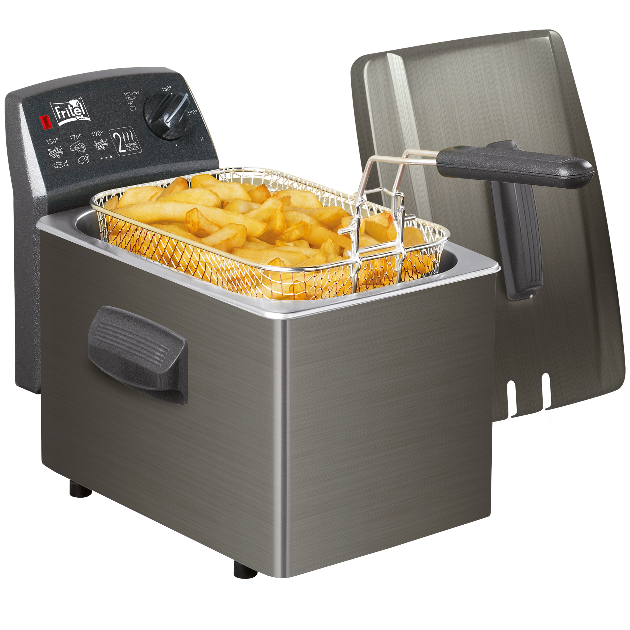 A deep fryer filled with fries, with its lid open.