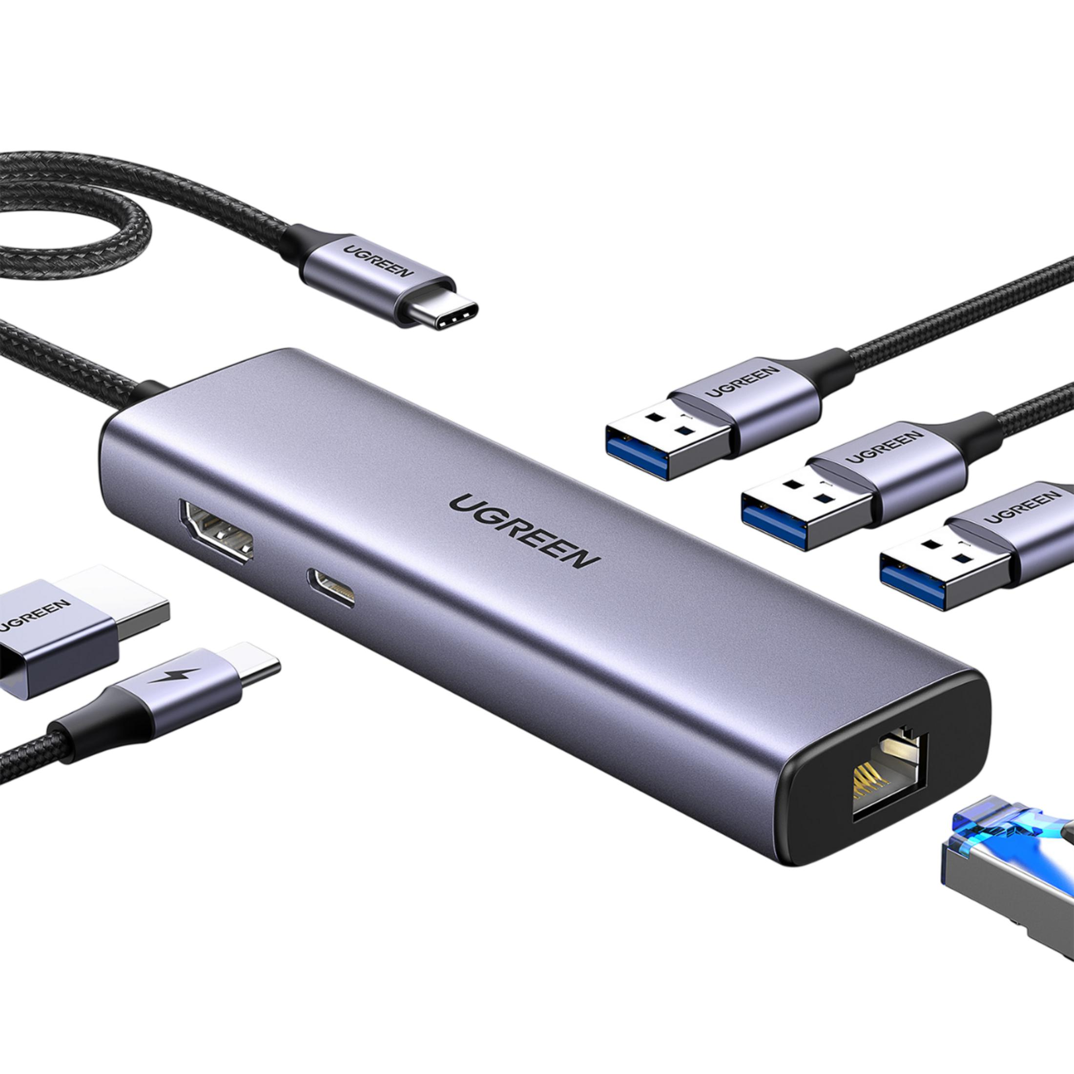 Szary hub USB-C z portami HDMI, USB-A i Ethernet.