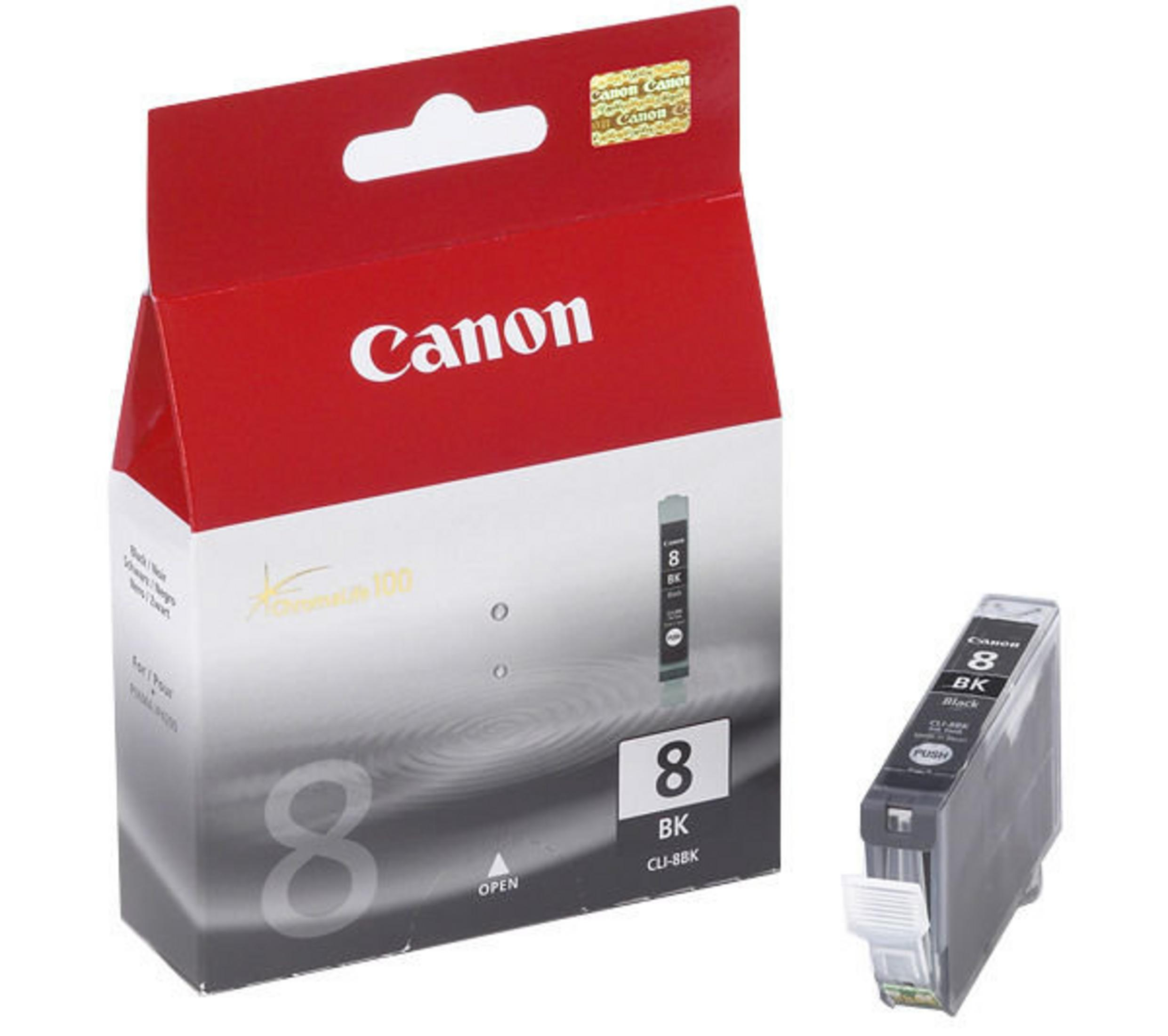 Canon 8 BK inktcartridge naast de rode en witte doos.