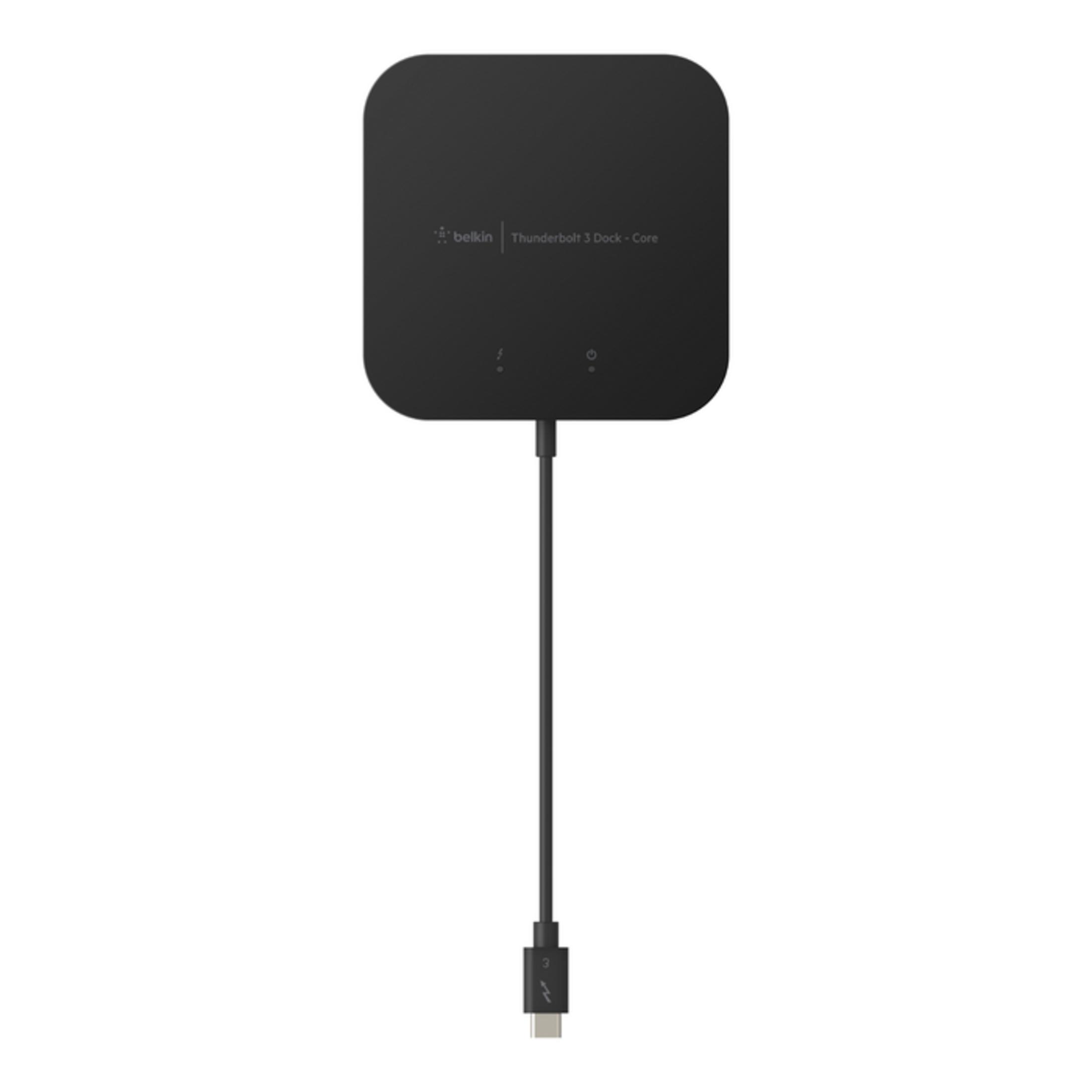 Dock Belkin Thunderbolt 3 nero con cavo e connettore USB-C.