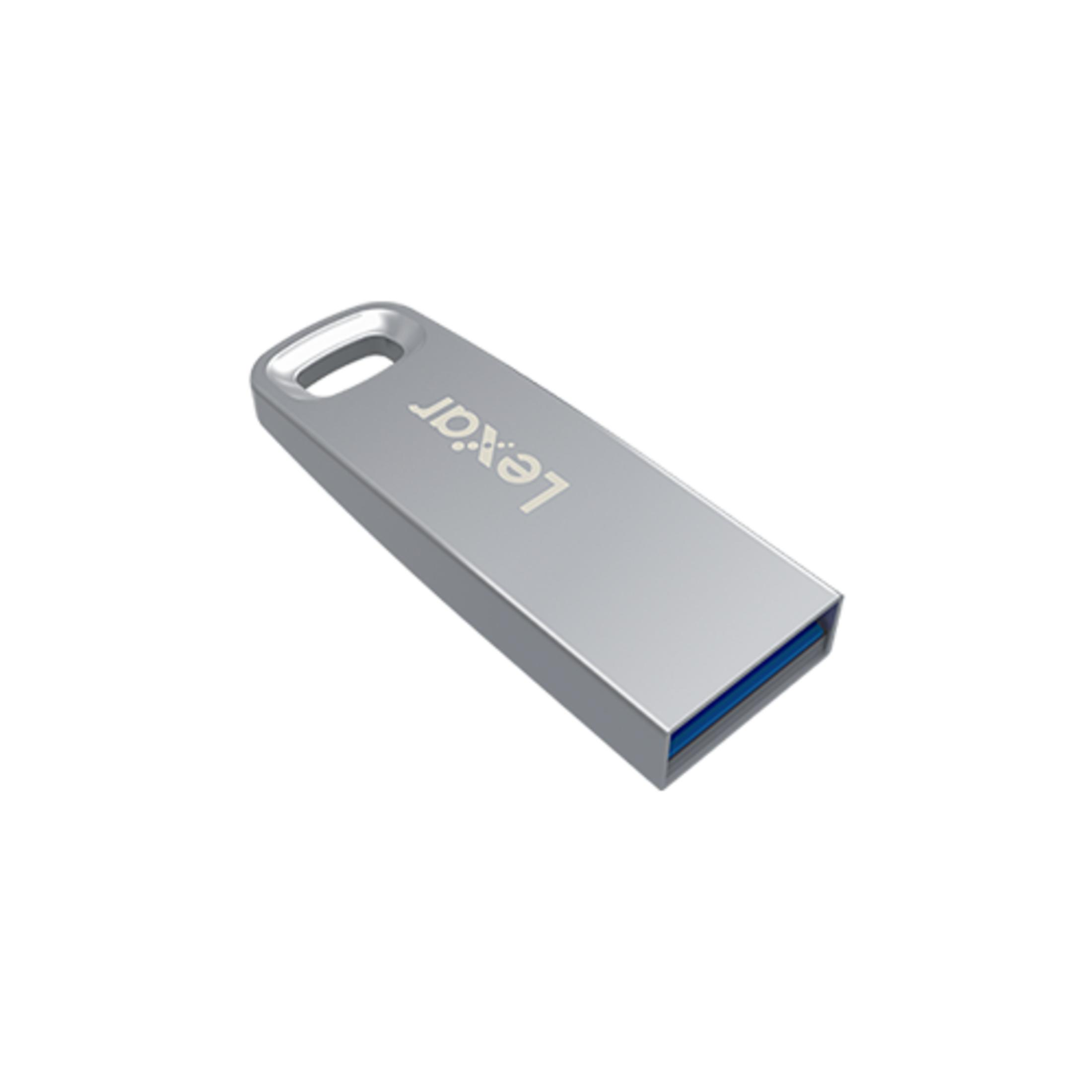 Chiavetta USB argentata con connettore blu e anello argentato.