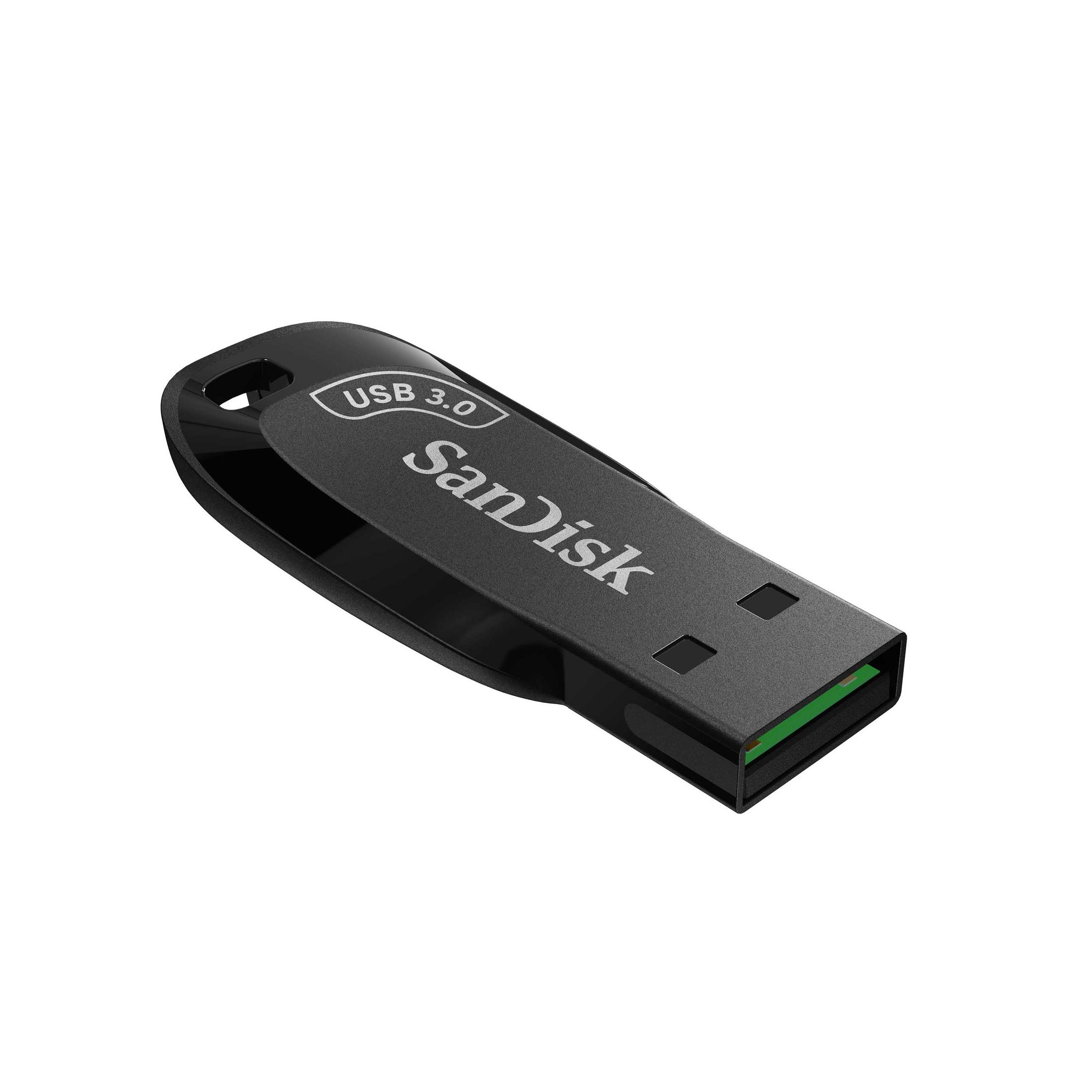 Schwarzer SanDisk USB 3.0 Stick mit silbernem Logo.