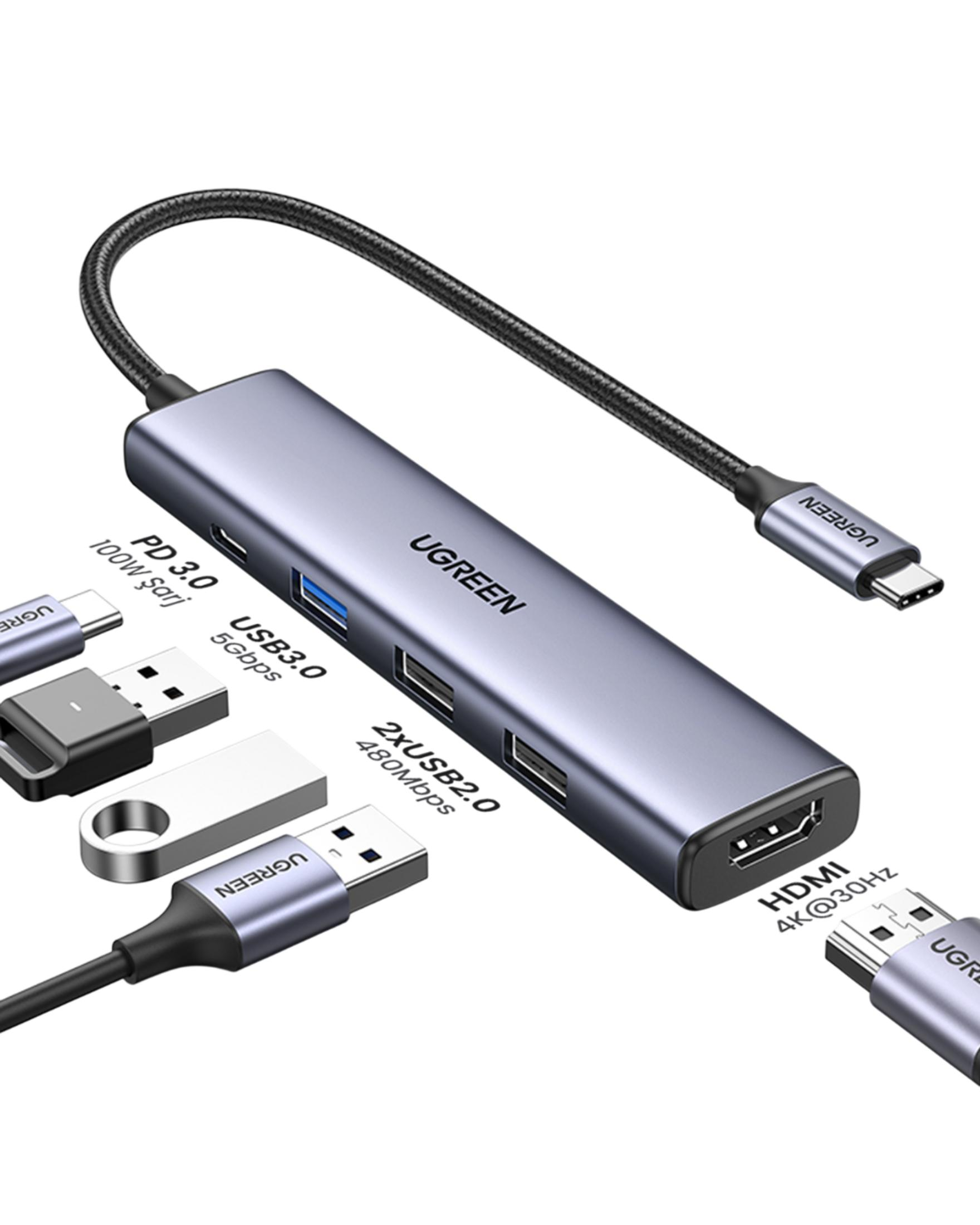 Szara piasta USB-C z wieloma portami, w tym USB 3.0, USB 2.0 i HDMI.