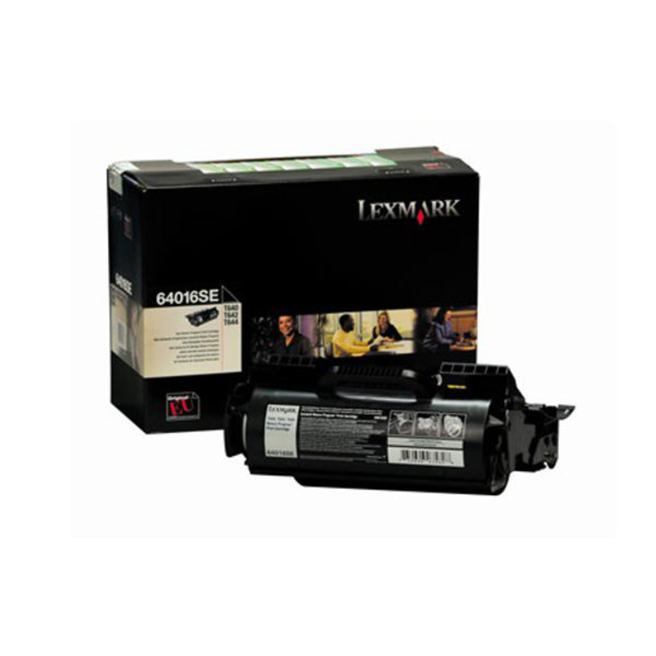 Cartuccia toner Lexmark 64016SE nella sua scatola nera con immagini.