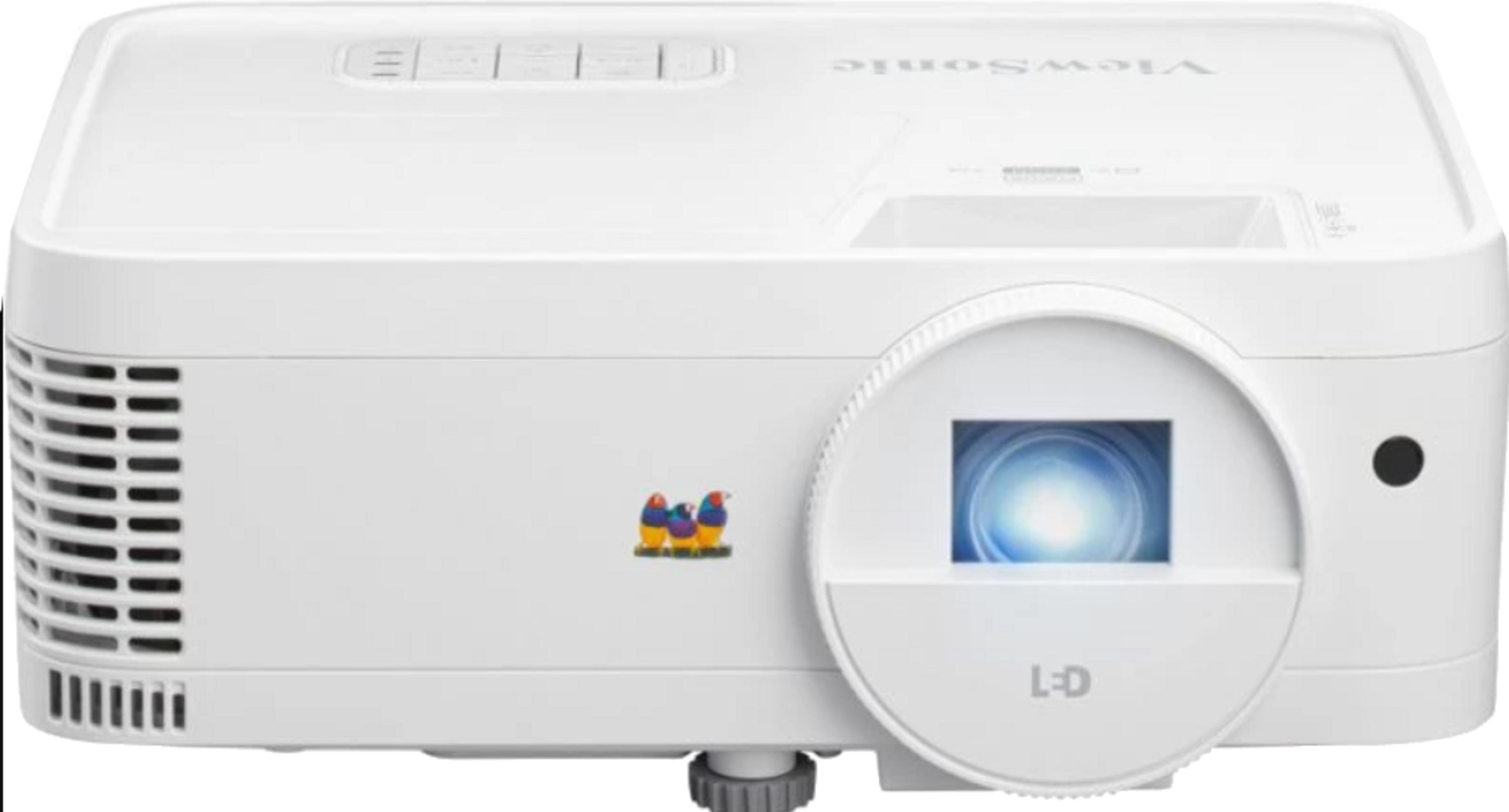 Havalandırma delikleri, lens ve ViewSonic logosuna sahip beyaz projektör.