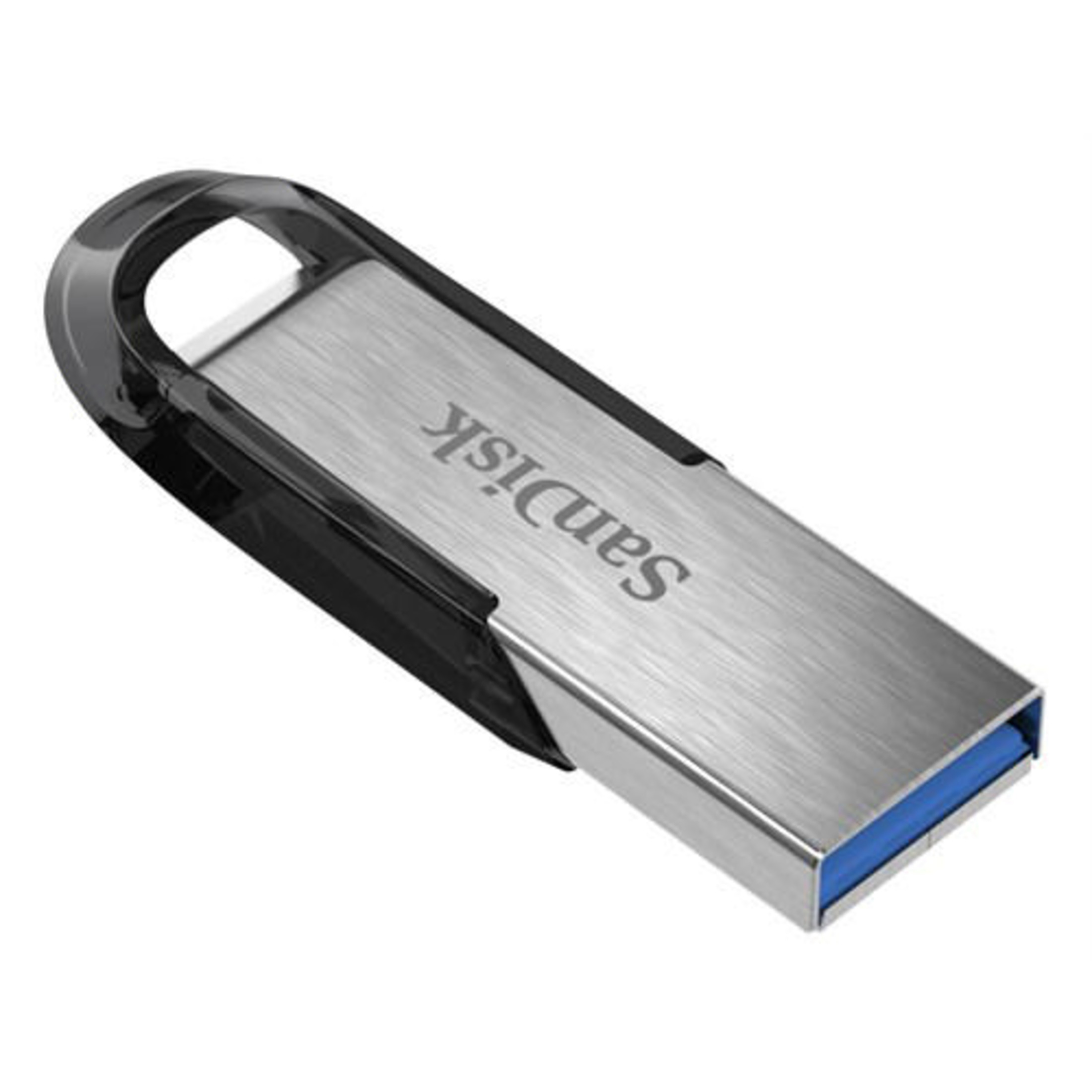 Una memoria USB plateada con borde negro y conector azul.