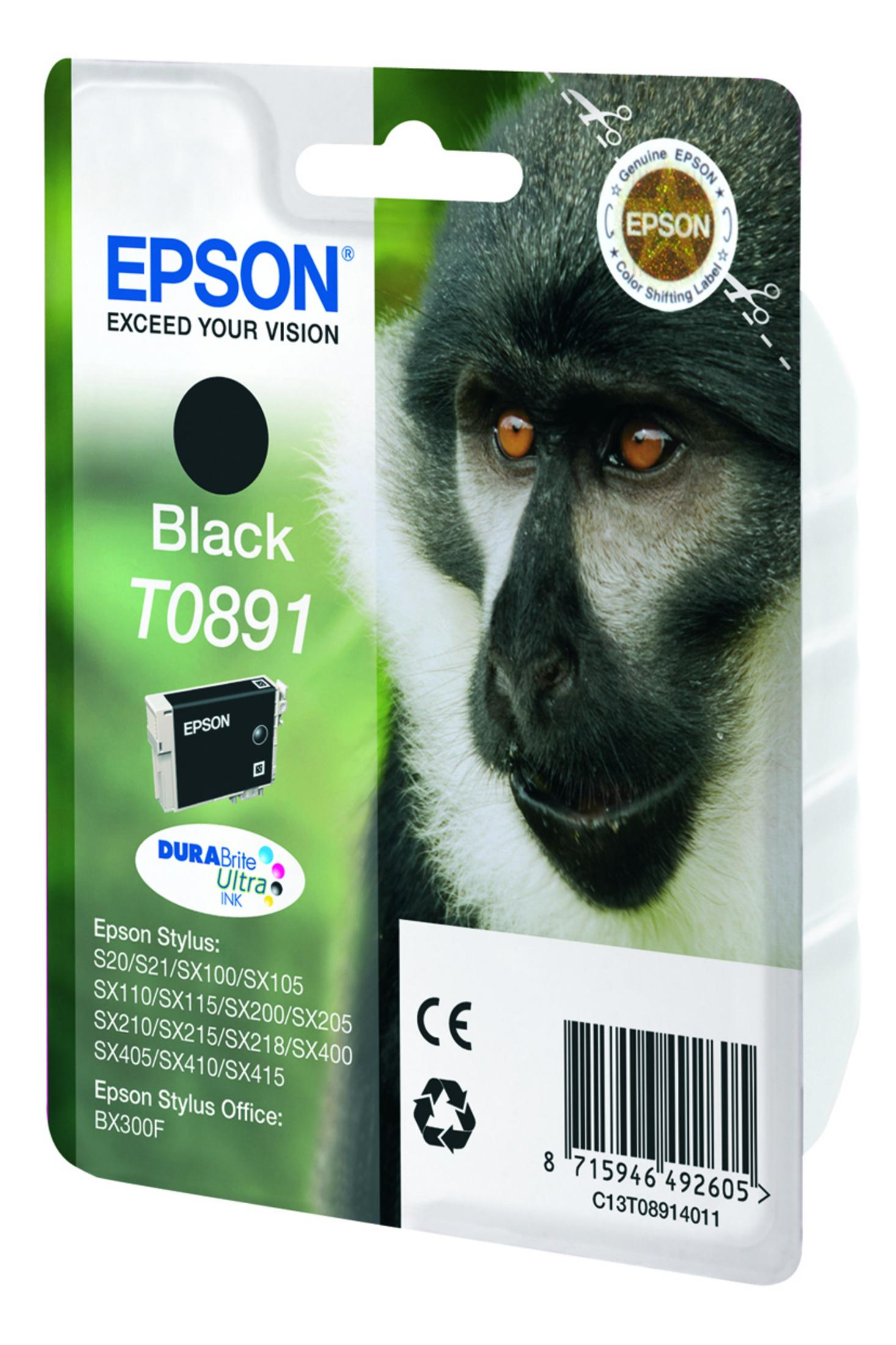 Inchiostro nero Epson T0891 con faccia di scimmia sulla confezione.