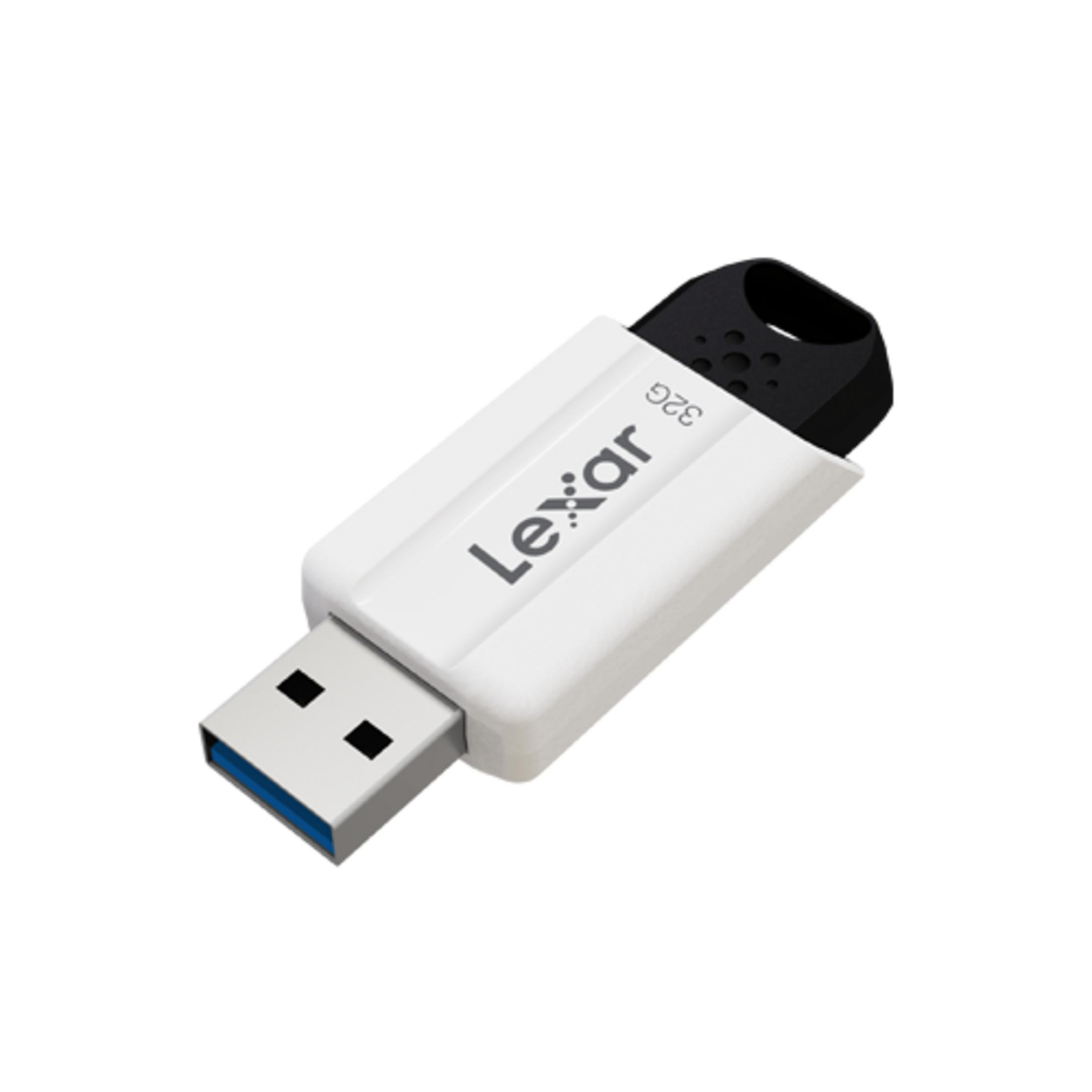 Una chiavetta USB Lexar bianca da 32GB con cappuccio nero.