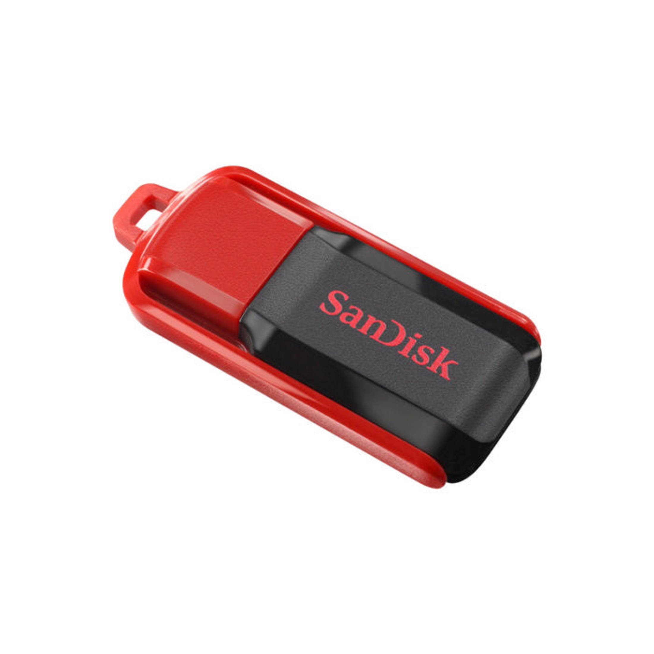 Une clé USB SanDisk rouge et noire avec un anneau pour porte-clés.
