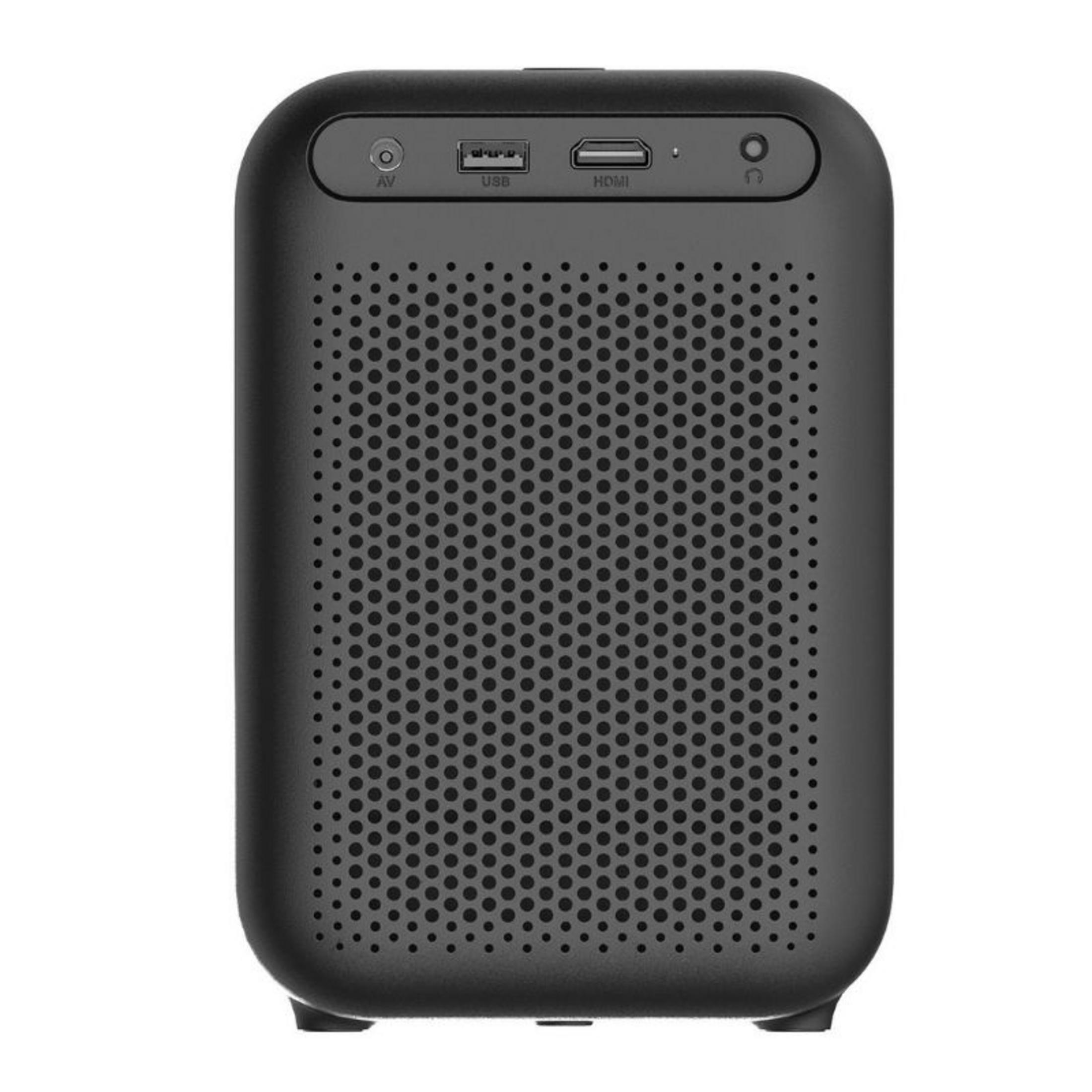 Proyector negro con rejilla de altavoz y puertos arriba: AV, USB, HDMI, CC.
