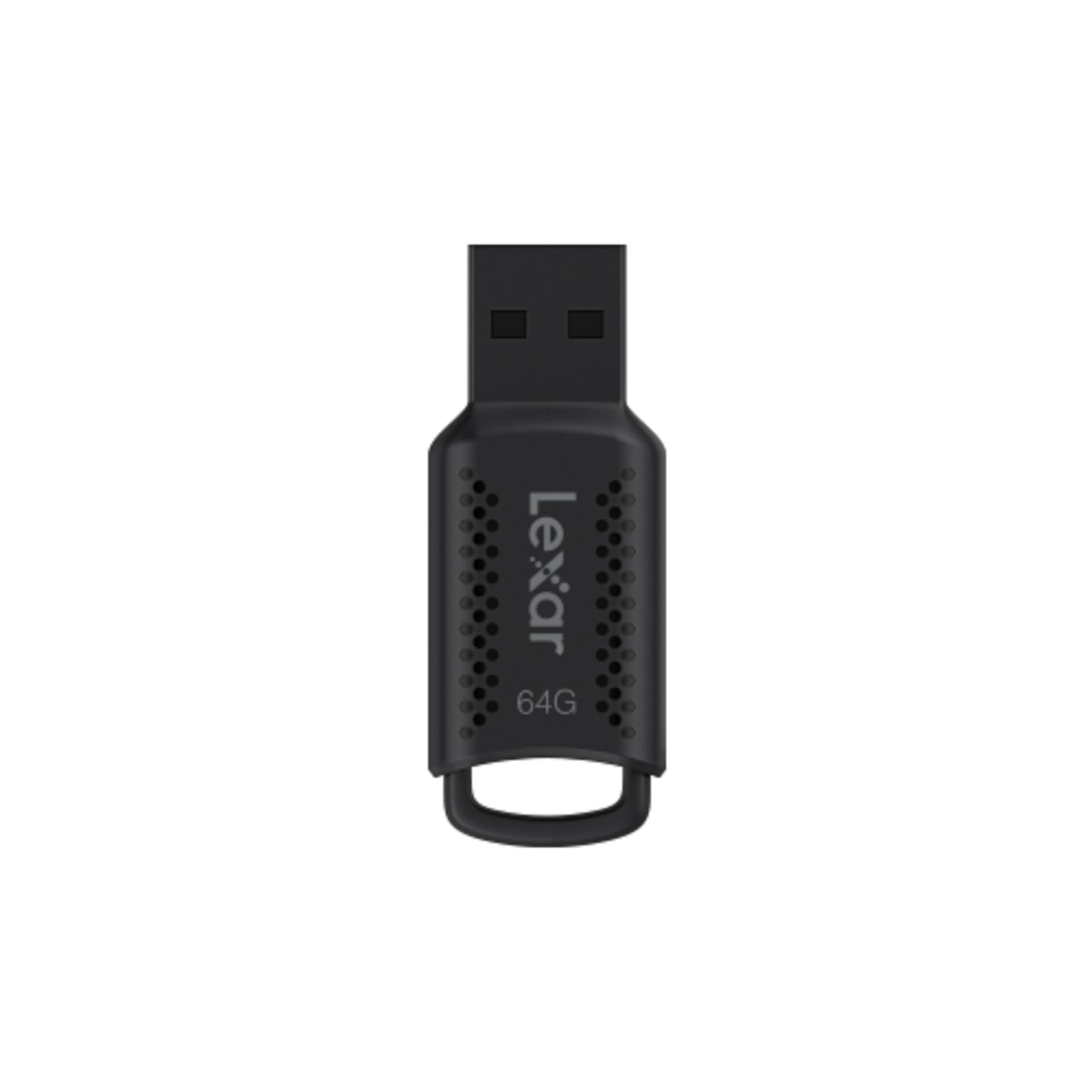 Czarny pendrive 64 GB z pętelką do mocowania.