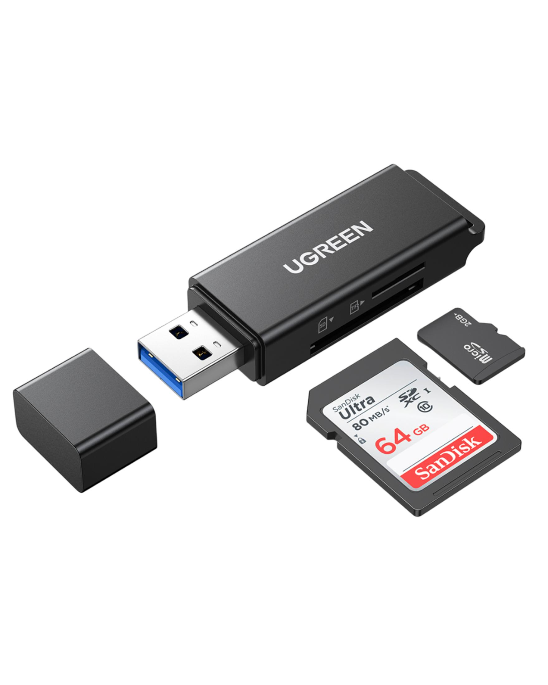 Czytnik kart UGREEN z USB, karta pamięci SanDisk 64GB i karta MicroSD 2GB.