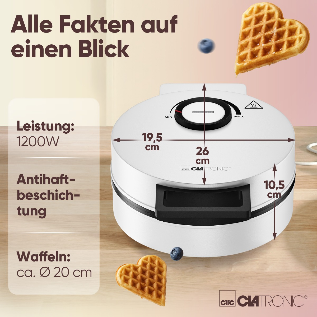 Weiße Waffelbackform mit Maßen; 1200W Leistung; Antihaftbeschichtung.