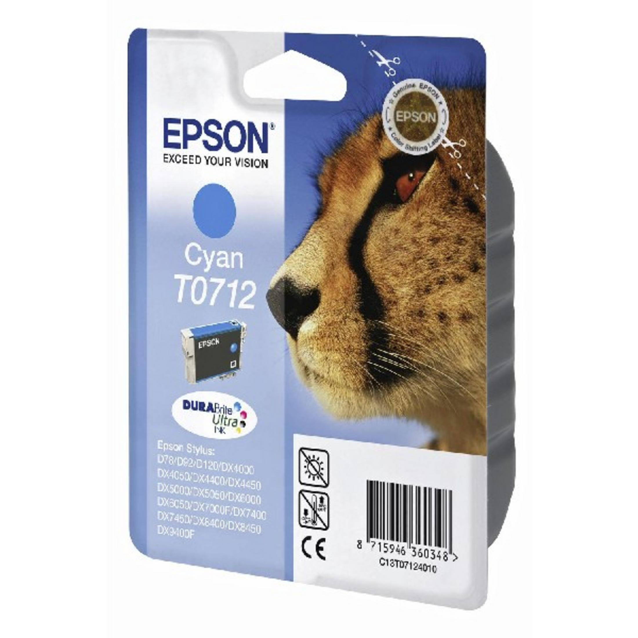 Cartuccia d'inchiostro Epson Cyan T0712 con immagine di ghepardo. Lista.