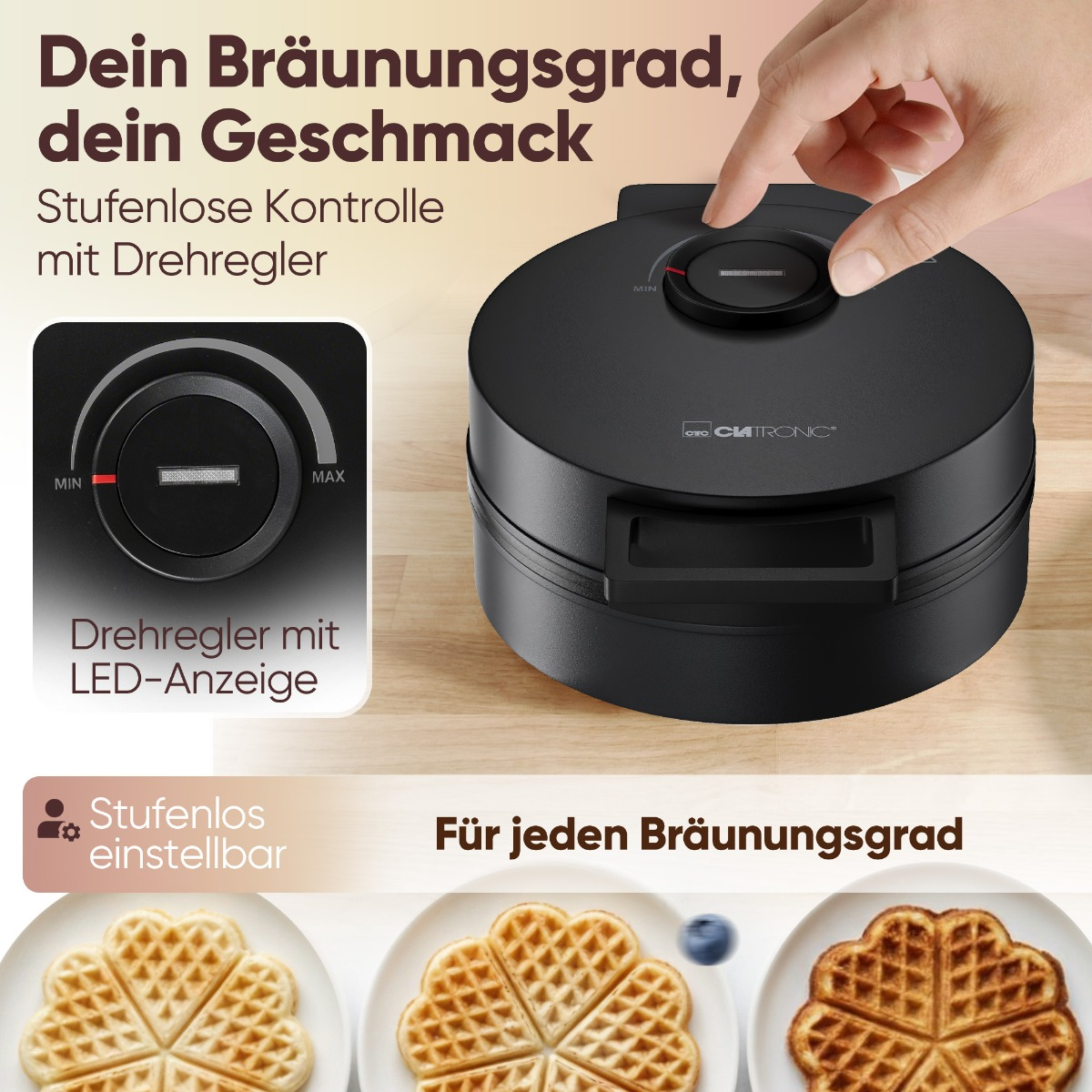 Ein schwarzer Waffelautomat mit Drehregler und LED-Anzeige wird gezeigt.