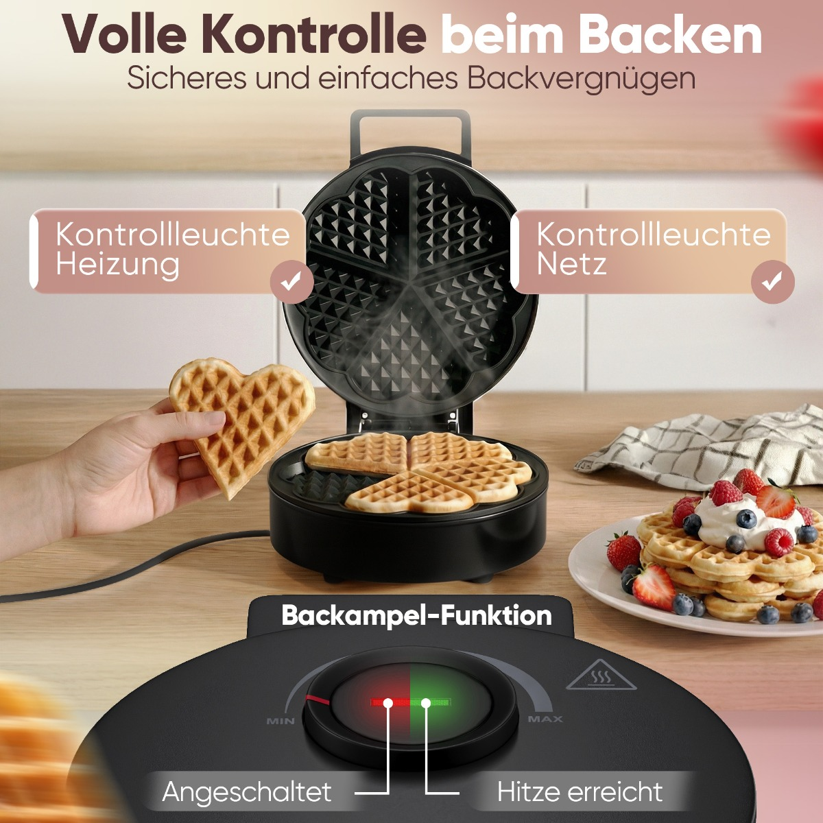 Waffeleisen mit fertigen Waffeln, eine wird herausgenommen. Anzeige leuchtet.