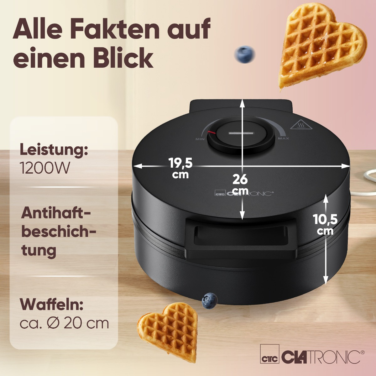 Schwarzer Waffelautomat von Clatronic mit Maßen und Waffel.