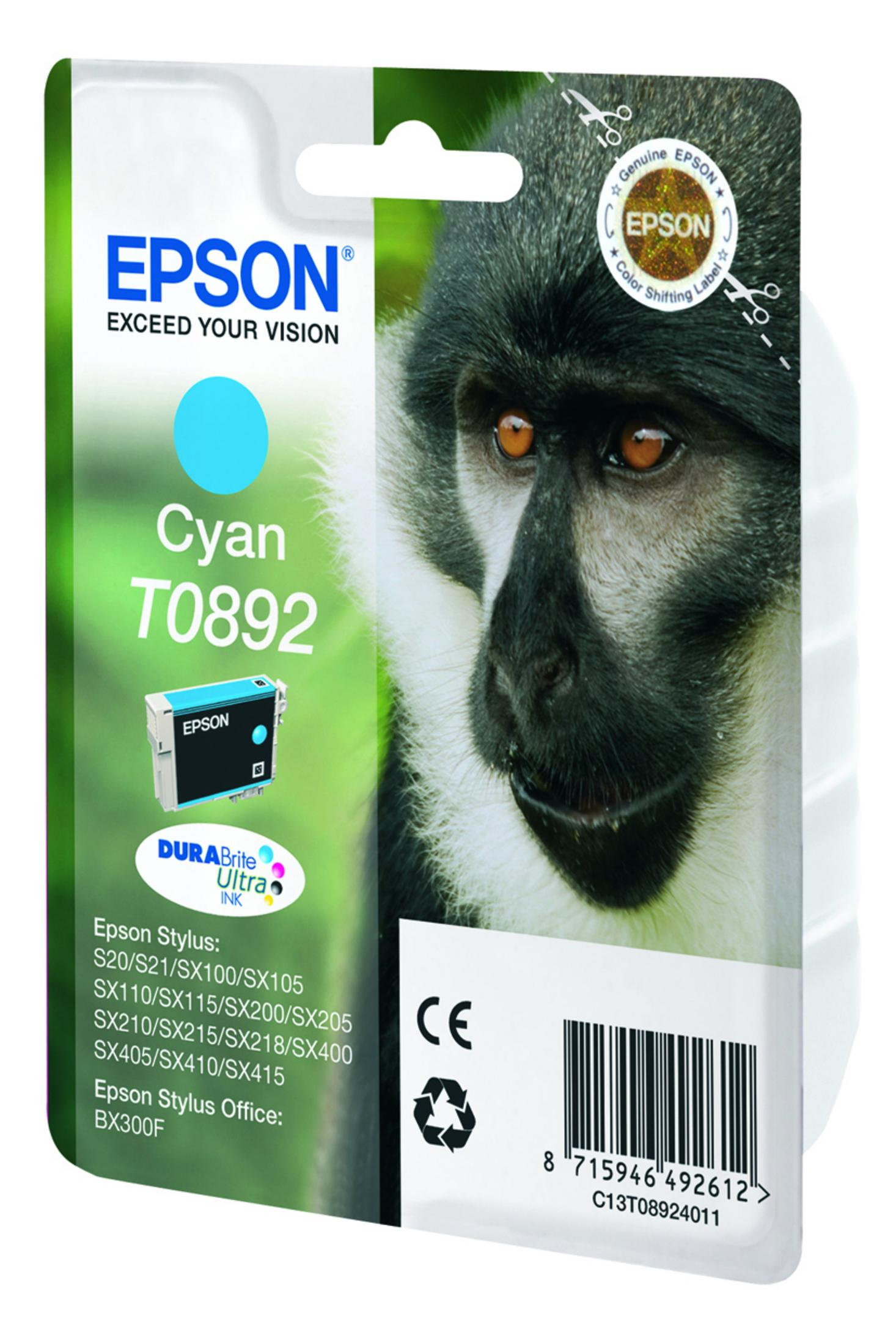 Tusz Epson Cyan T0892 z wizerunkiem małpy na opakowaniu.