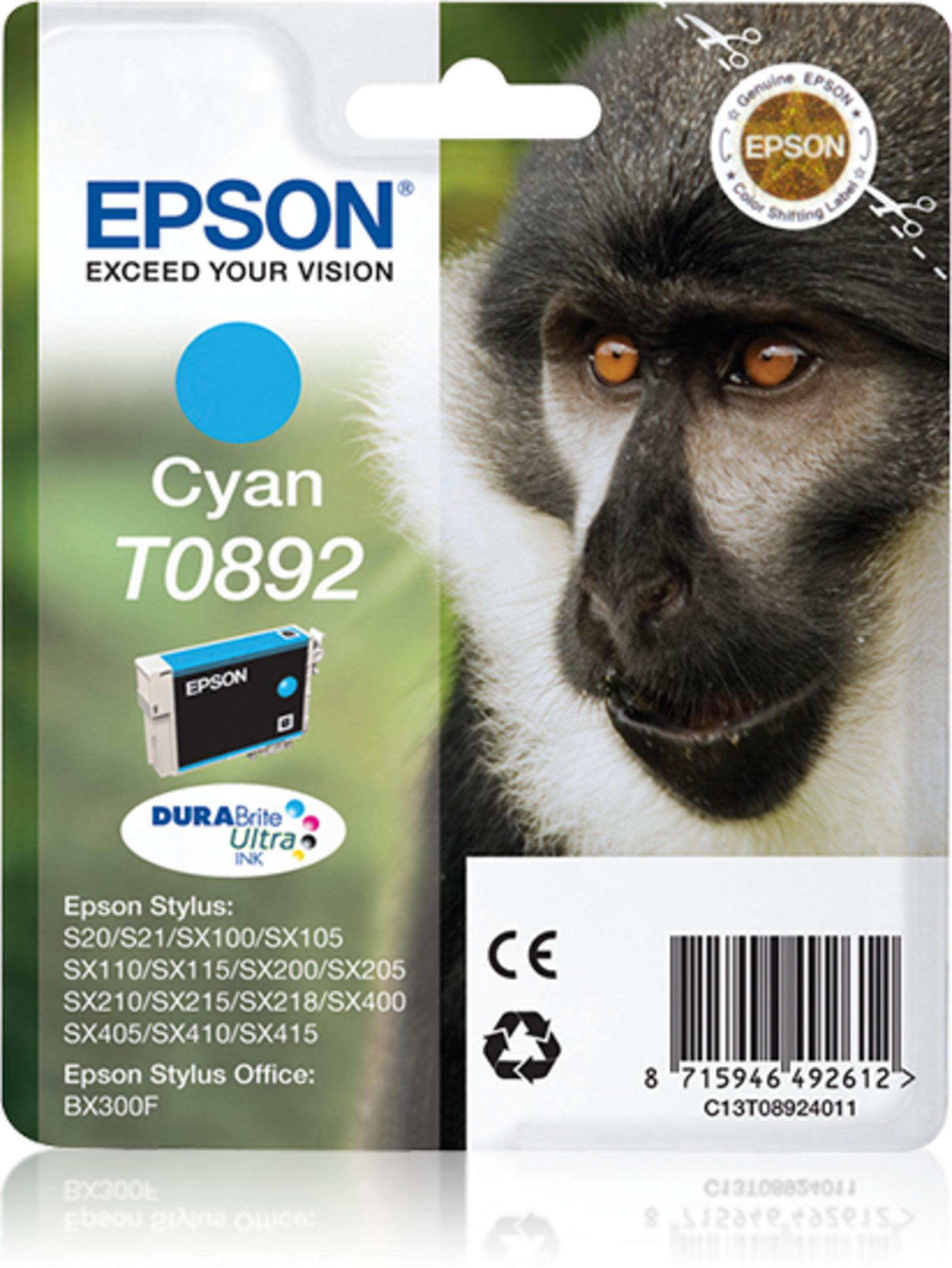 Tusz Epson Cyan T0892 z twarzą małpy i kodem kreskowym.