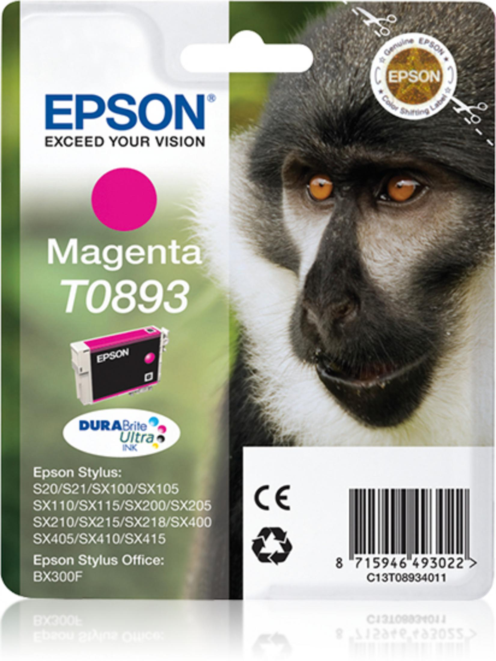 Cartuccia d'inchiostro Epson Magenta T0893 con logo volto di scimmia e marchio CE.