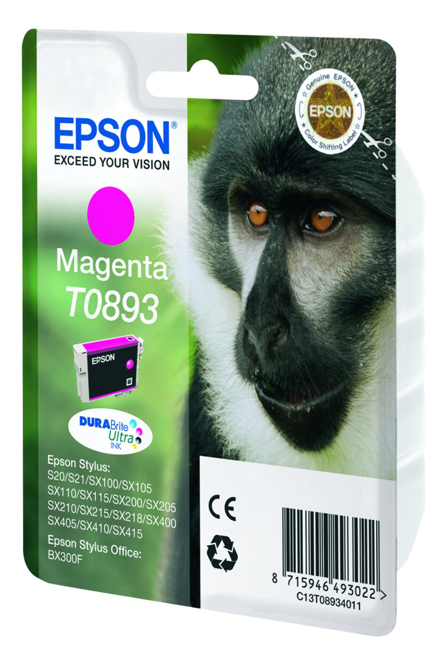 Cartuccia d'inchiostro Epson Magenta T0893 con volto di scimmia e codice.