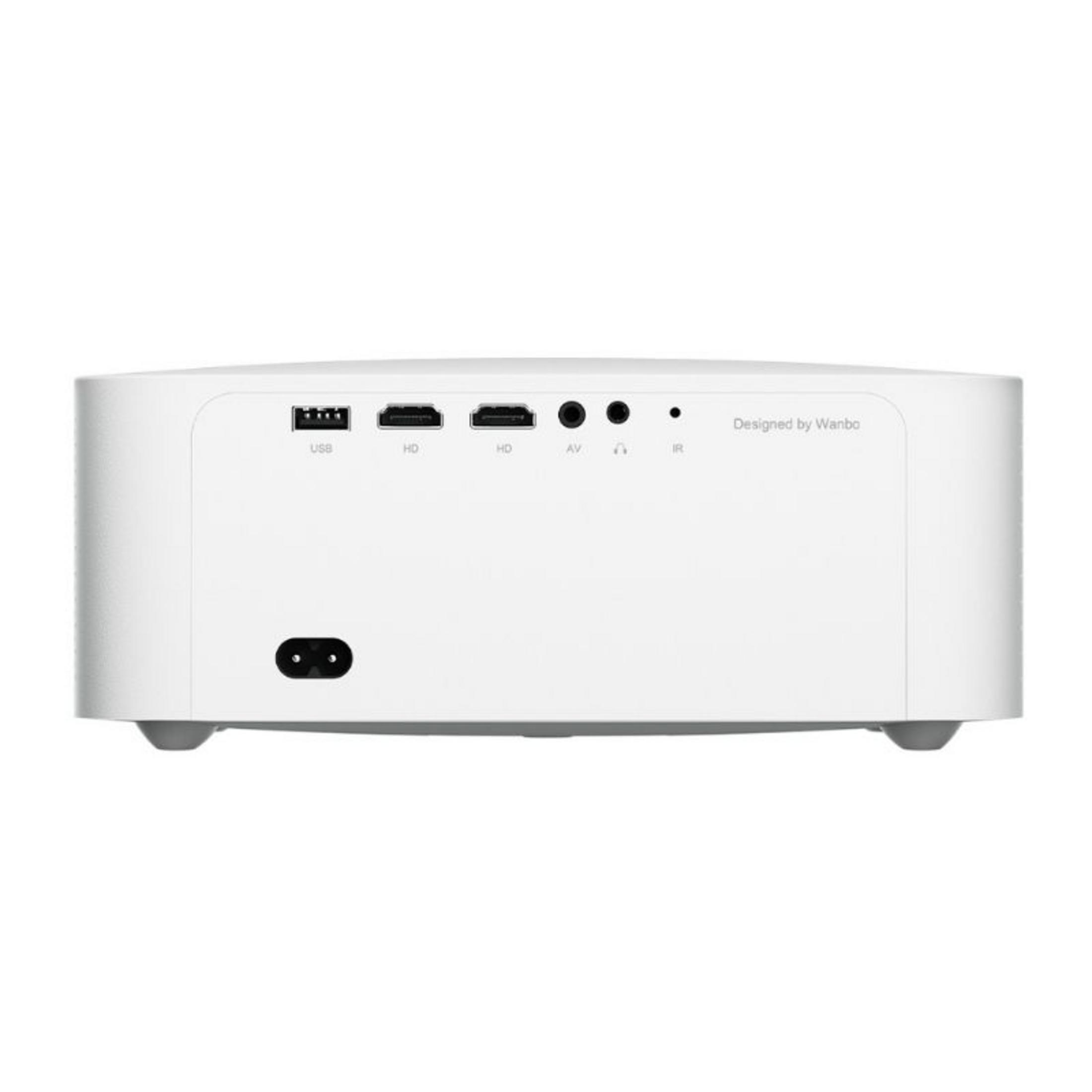 Proyector blanco con puertos: USB, HDMI, AV, IR y entrada de corriente.