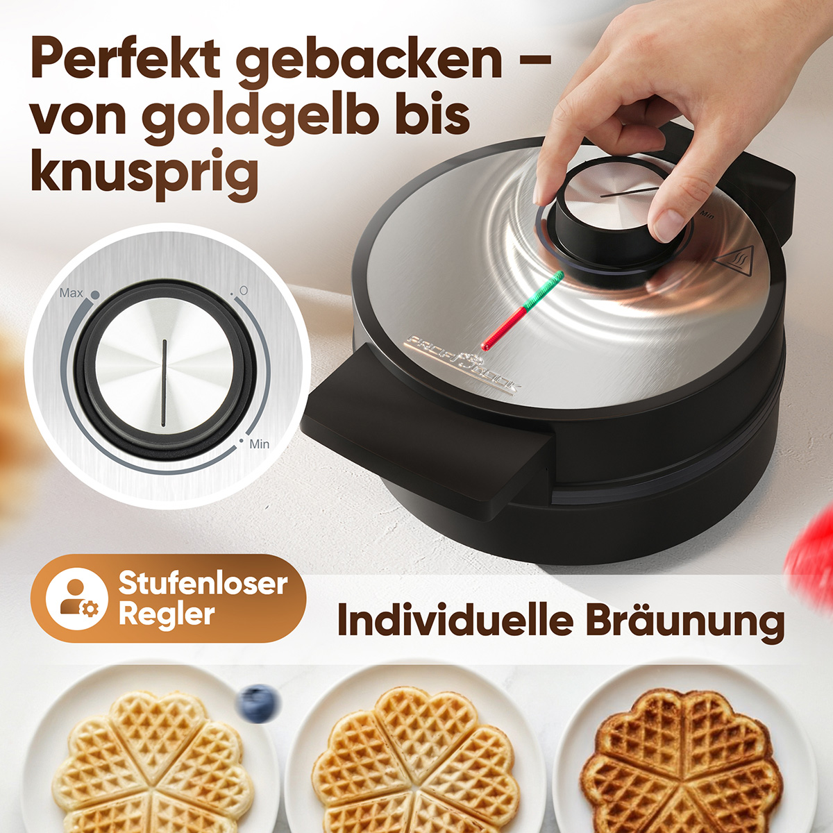 Waffeleisen mit Drehregler und drei Waffeln in unterschiedlichen Bräunungsgraden.