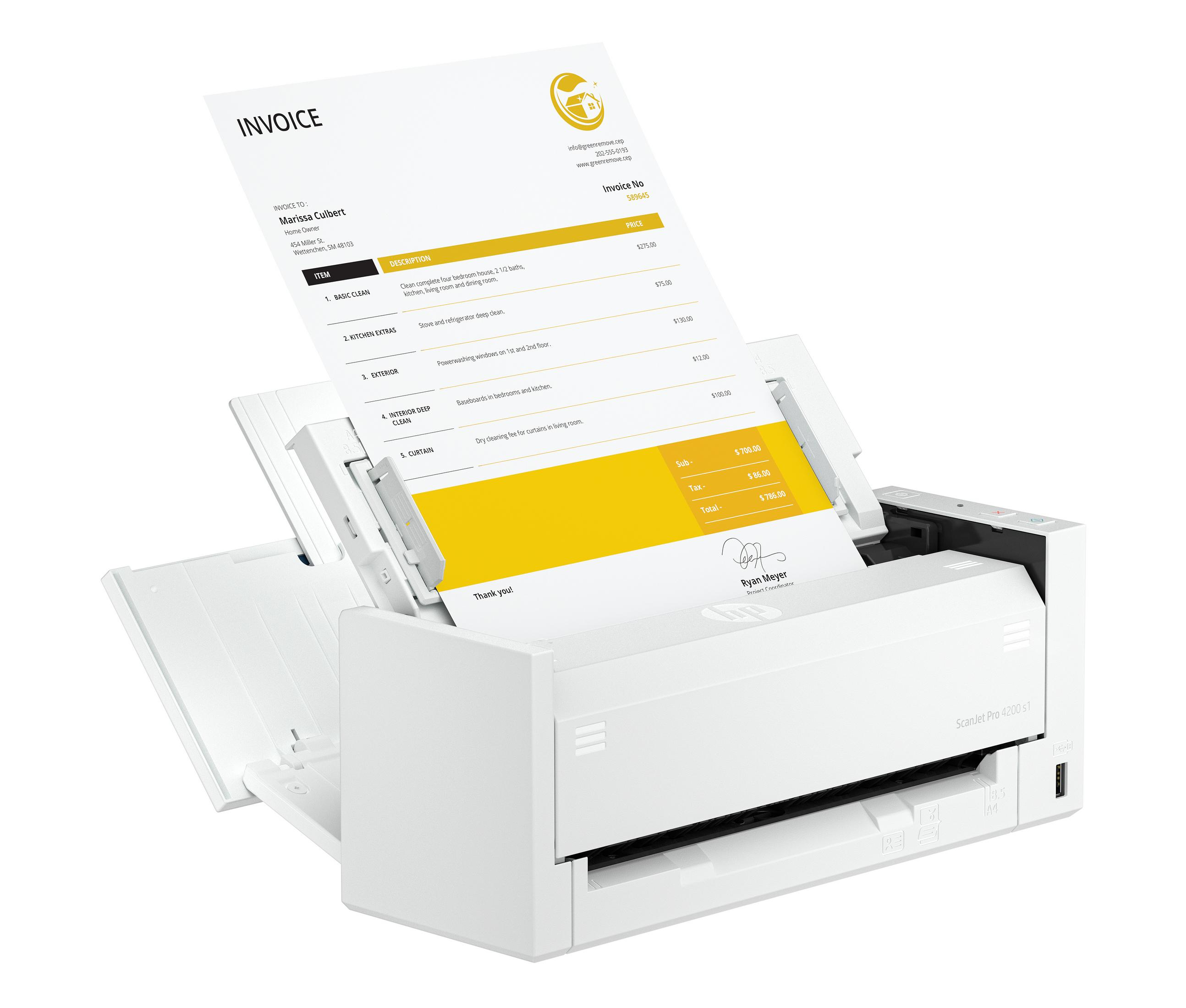 Uno scanner bianco con un documento di fattura impilato che elenca i servizi.