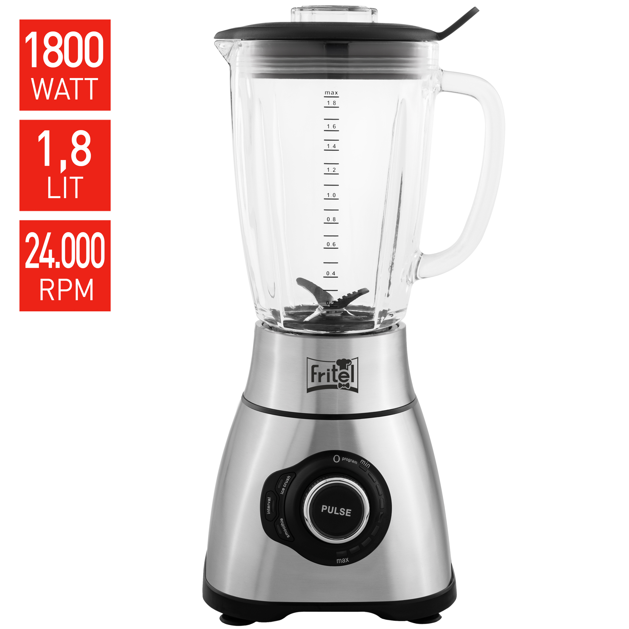 RVS blender met 1,8L glazen kan, 1800W, 24000 RPM. Diverse programma's beschikbaar.