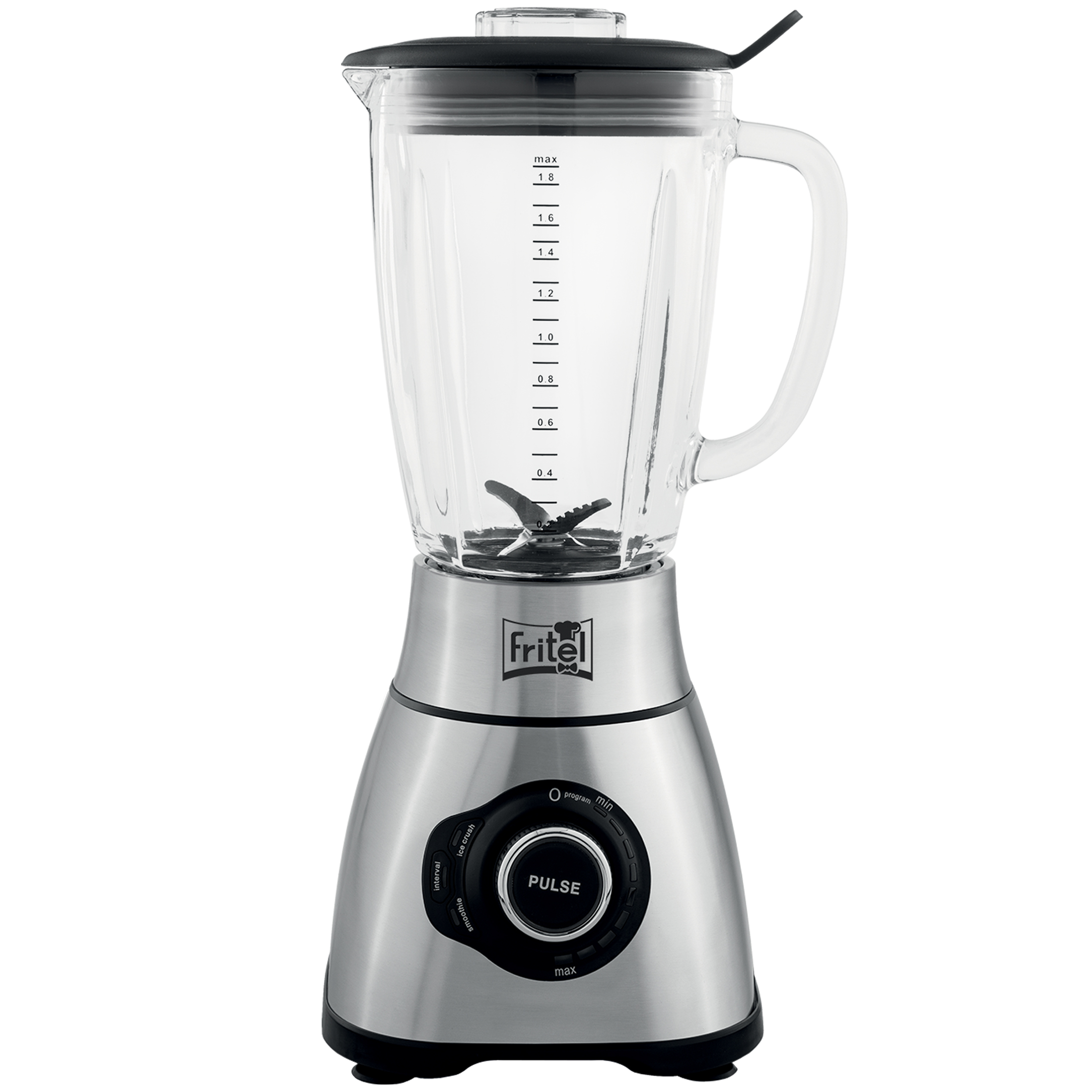 Een zilveren blender met glazen kan, zwart deksel en bedieningselementen.