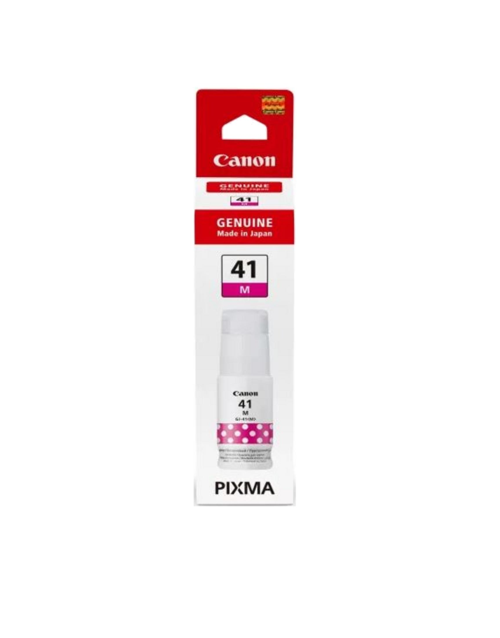 Una cartuccia d'inchiostro Canon 41 magenta su sfondo bianco.