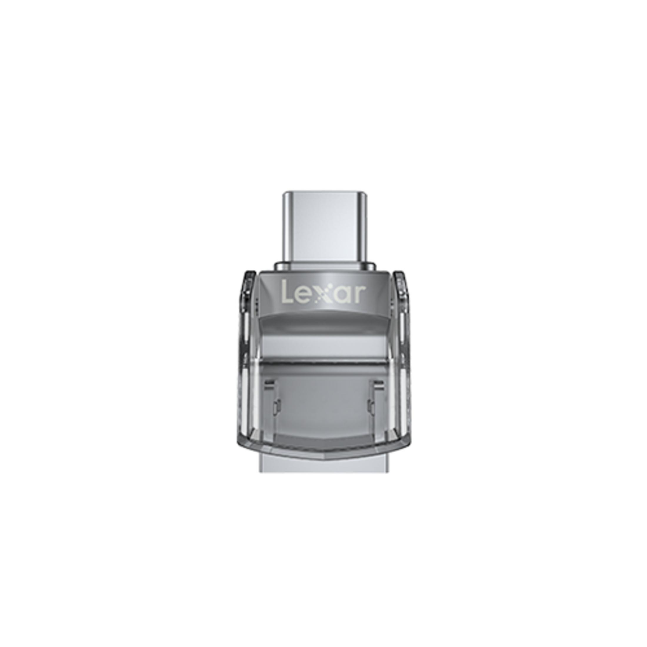Clé USB-C Lexar argentée avec boîtier transparent.