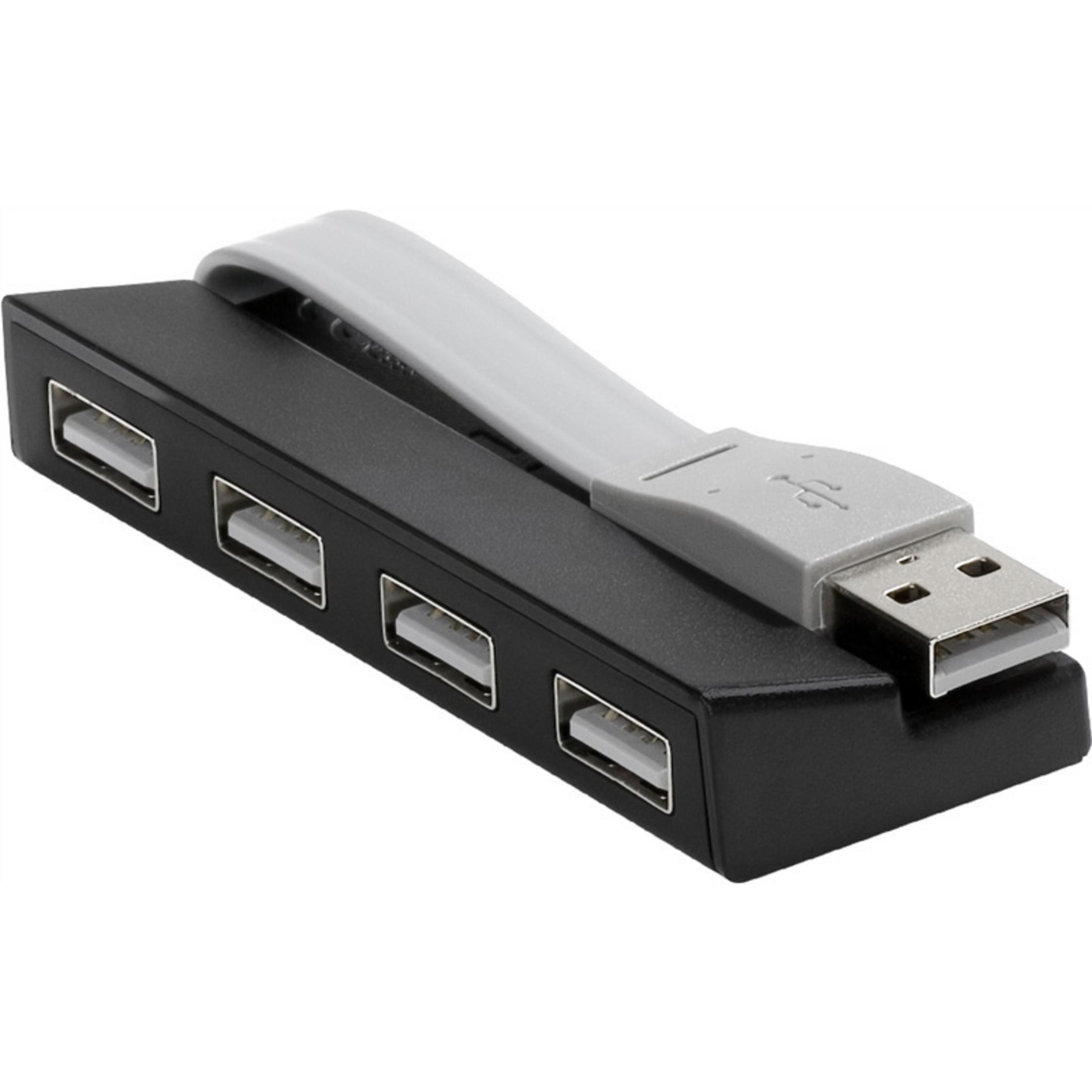 Hub USB negro con cuatro puertos y un cable gris conectado.