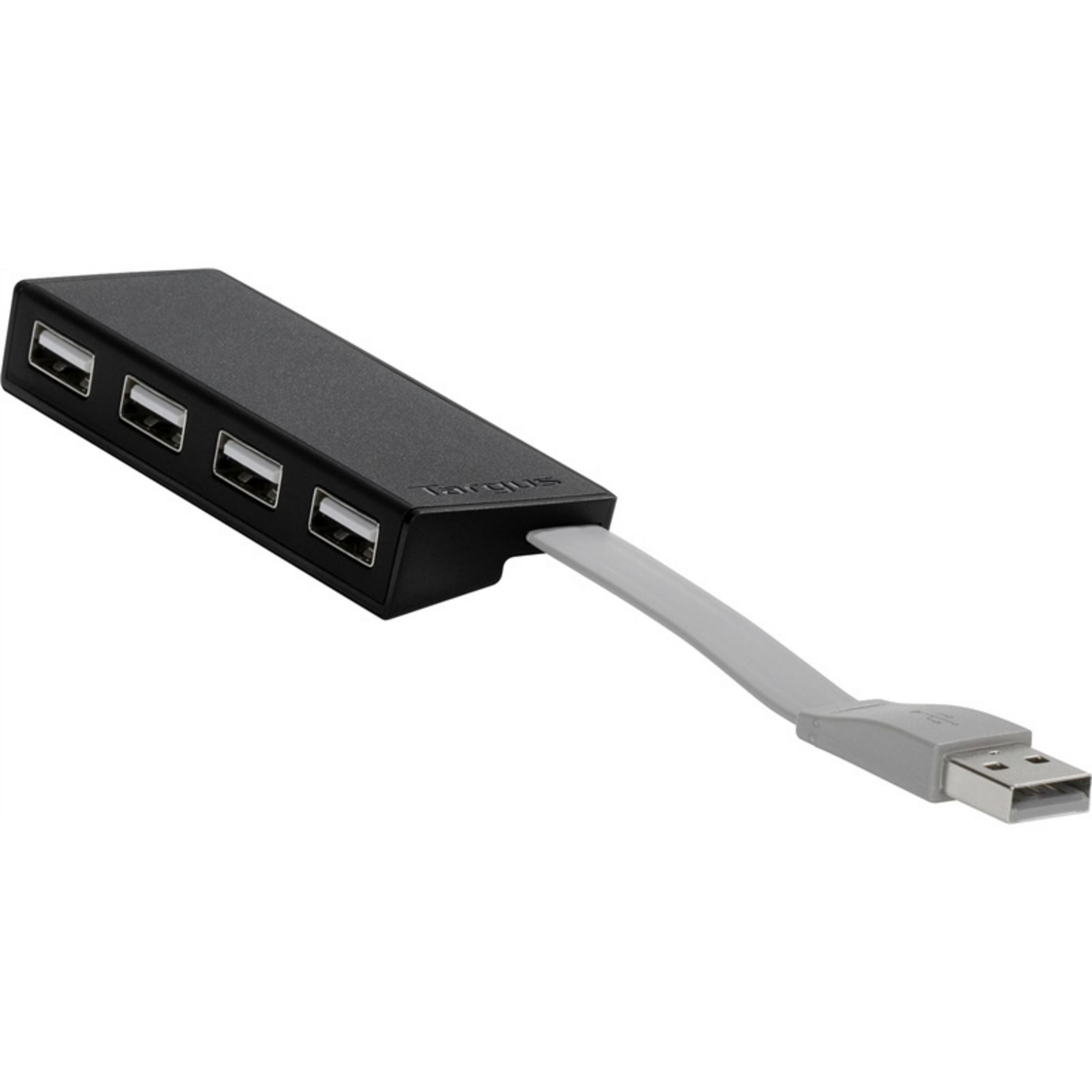Un concentrador USB negro con cuatro puertos y un cable gris.