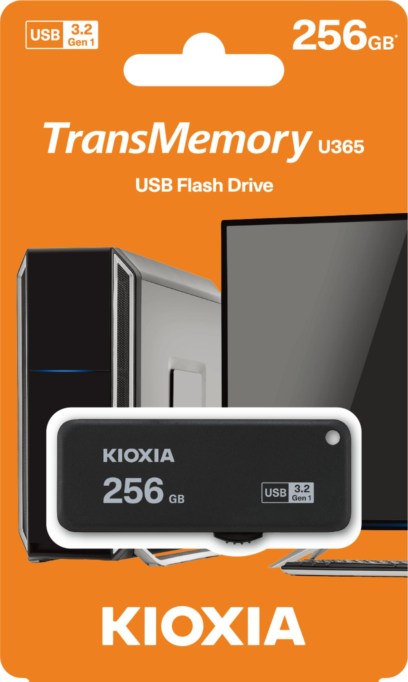 Pendrive Kioxia 256GB USB 3.2 Gen 1 TransMemory U365 na pomarańczowym tle.