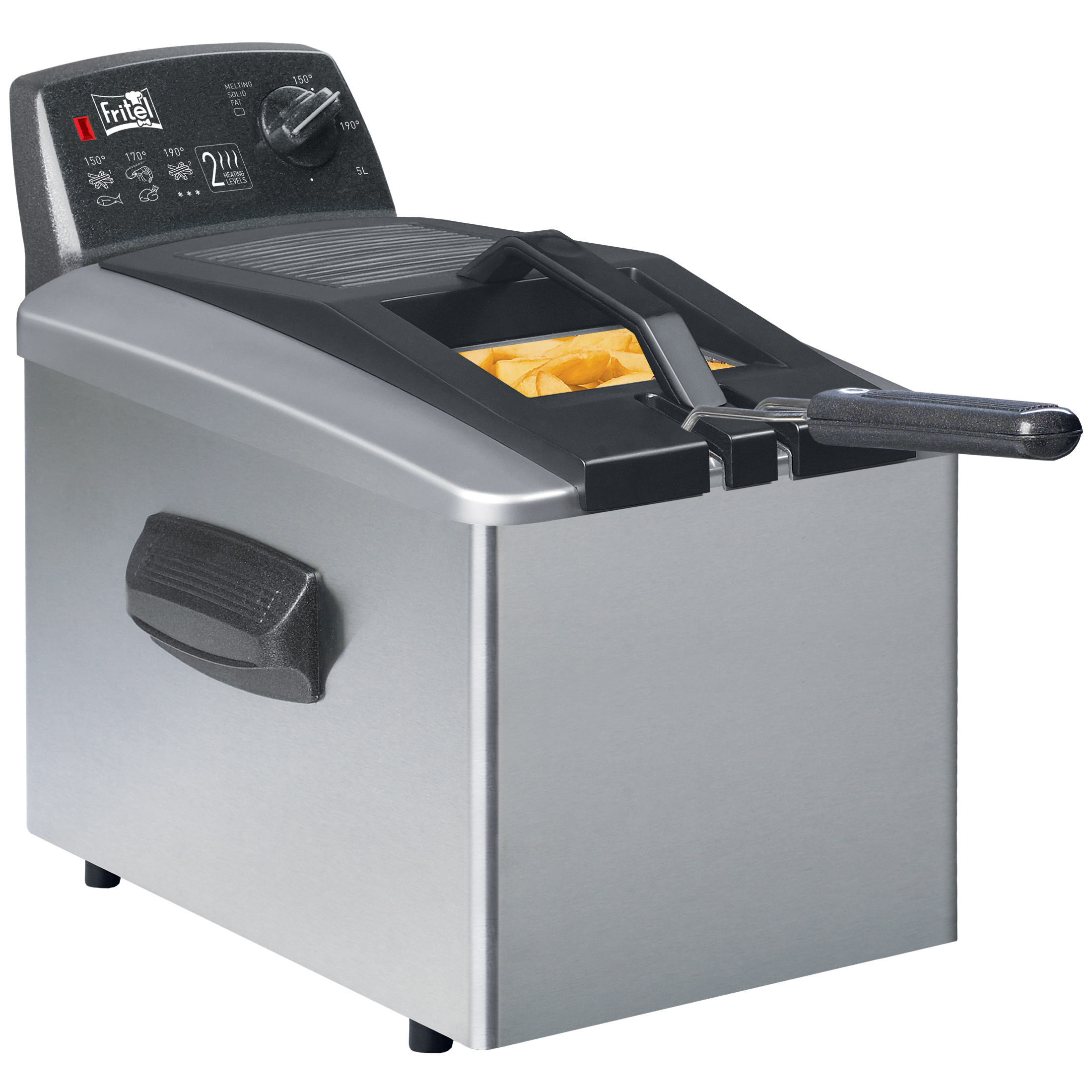 Silver deep fryer with black lid and fries in the basket.